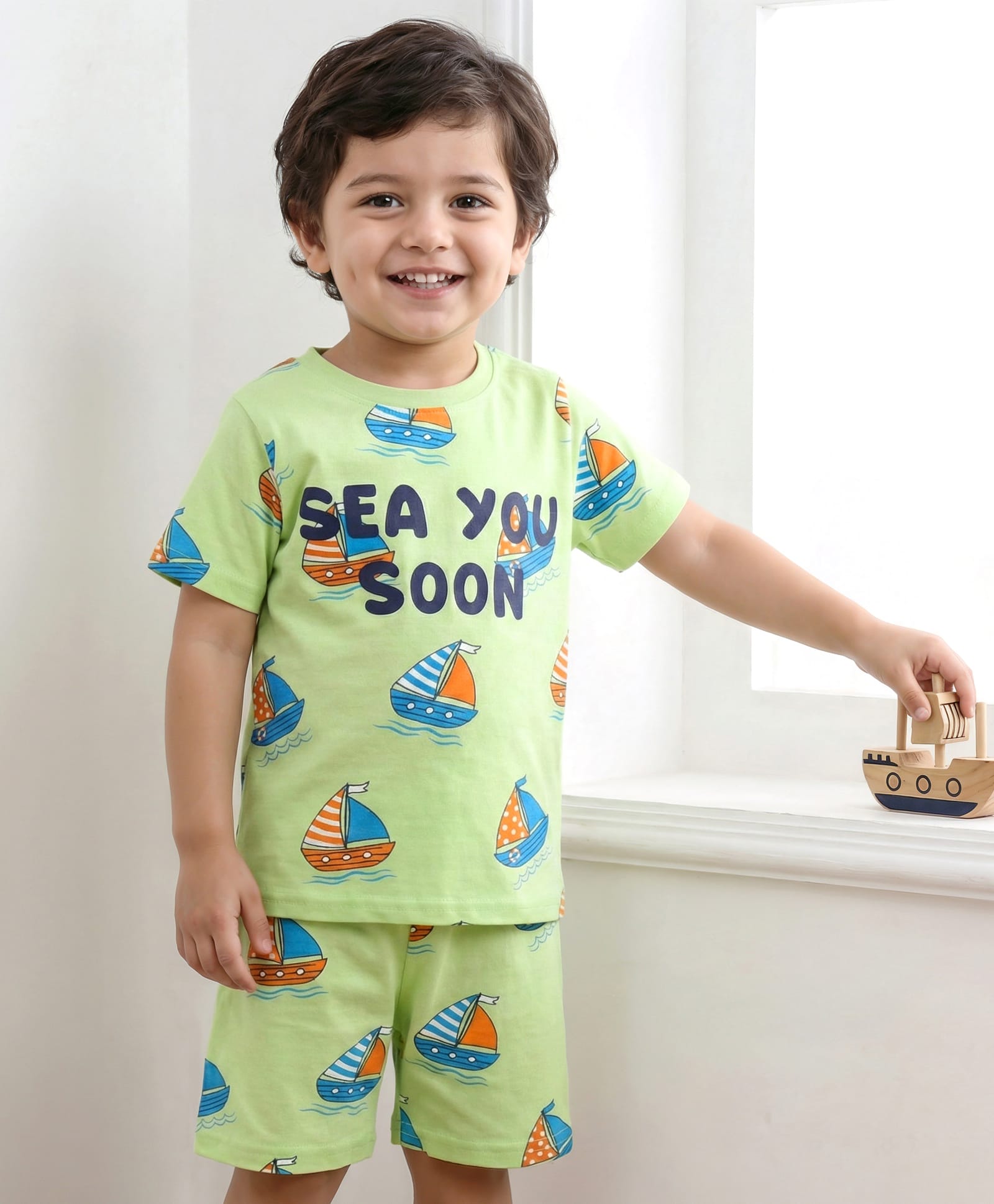 Babyhug Cotton Knit Half Sleeves Shorts Co-Ord Night Suit With Boat Print - Light Green-image-23