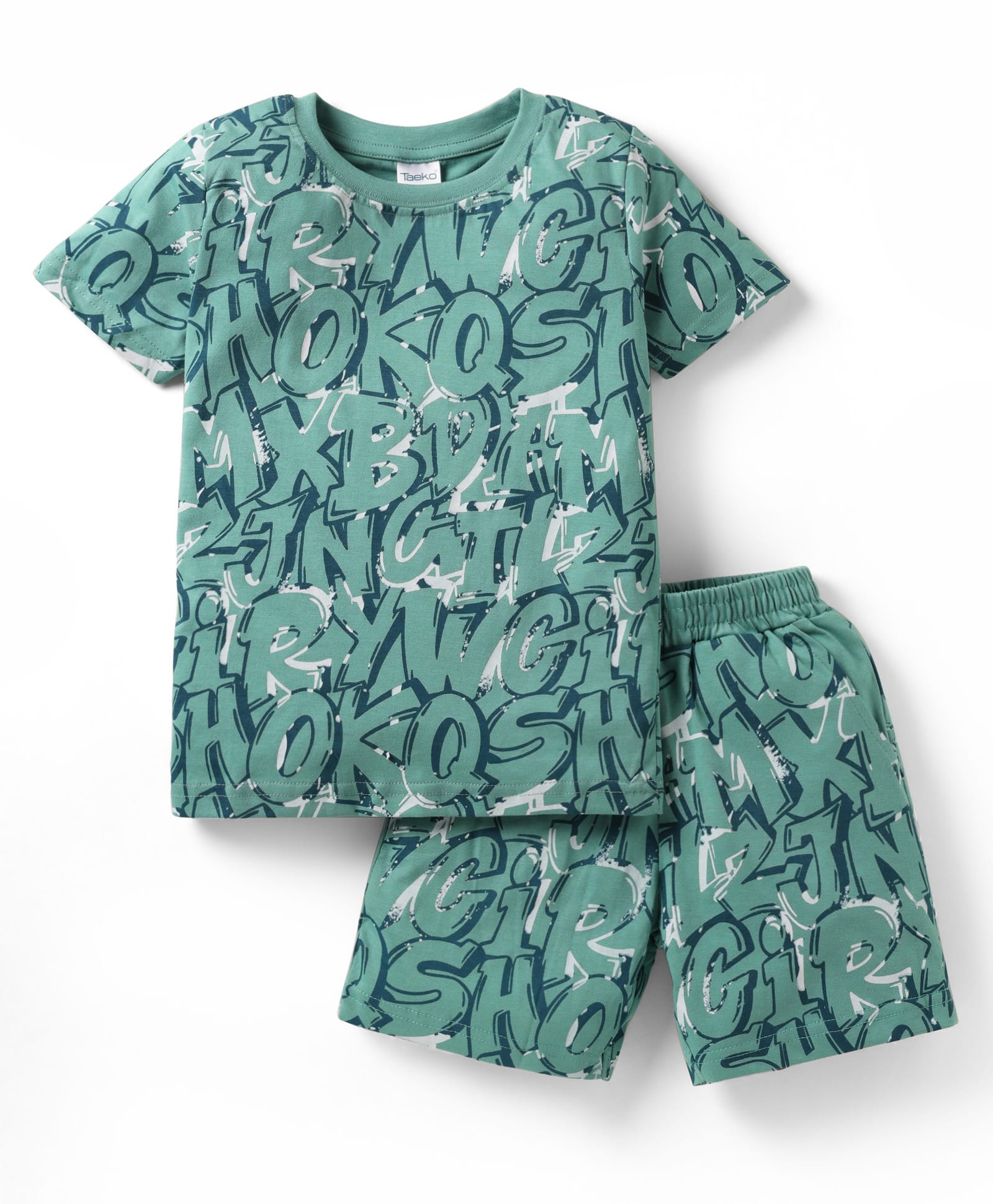 Taeko Single Jersey Knit Half Sleeves T-Shirt & Shorts Co-ord Set With Alphabet Text Print - Sea Green-picture-19