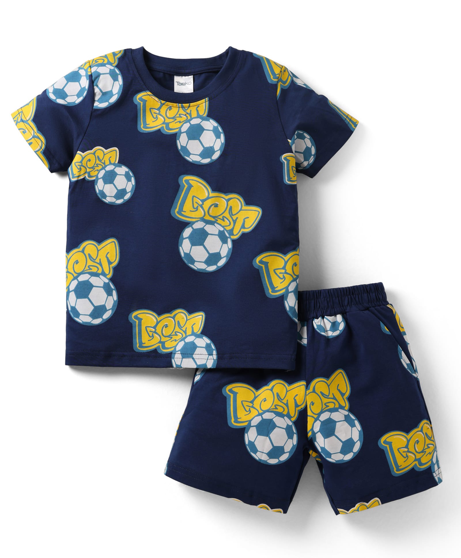 Taeko Single Jersey Knit Half Sleeves T-Shirt & Shorts Co-ord Set with Football Print - Navy Blue-picture-4