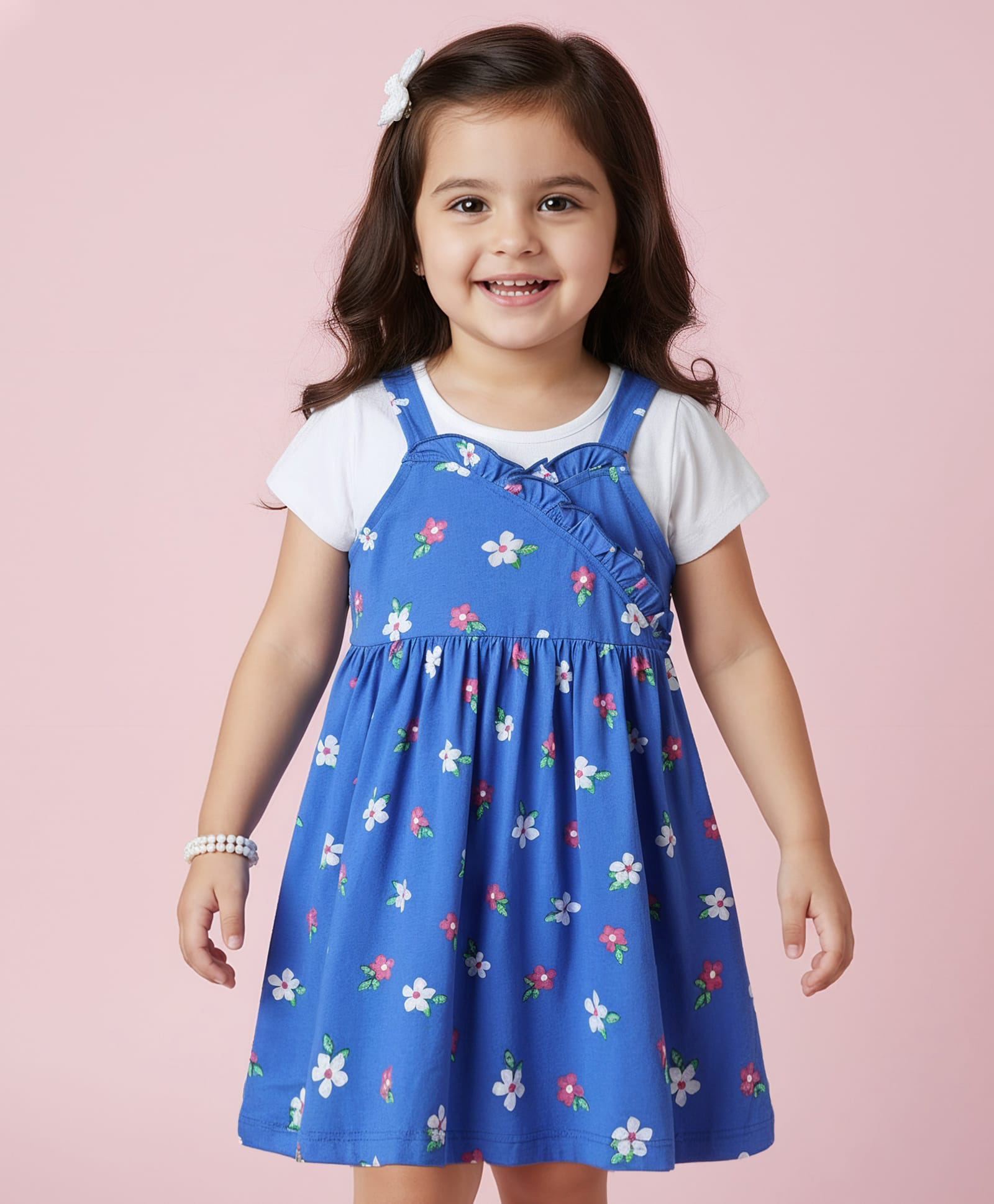 Babyhug Single Jersey Knit Floral Printed Frock With Half Sleeves Inner Tee - Blue-image-35