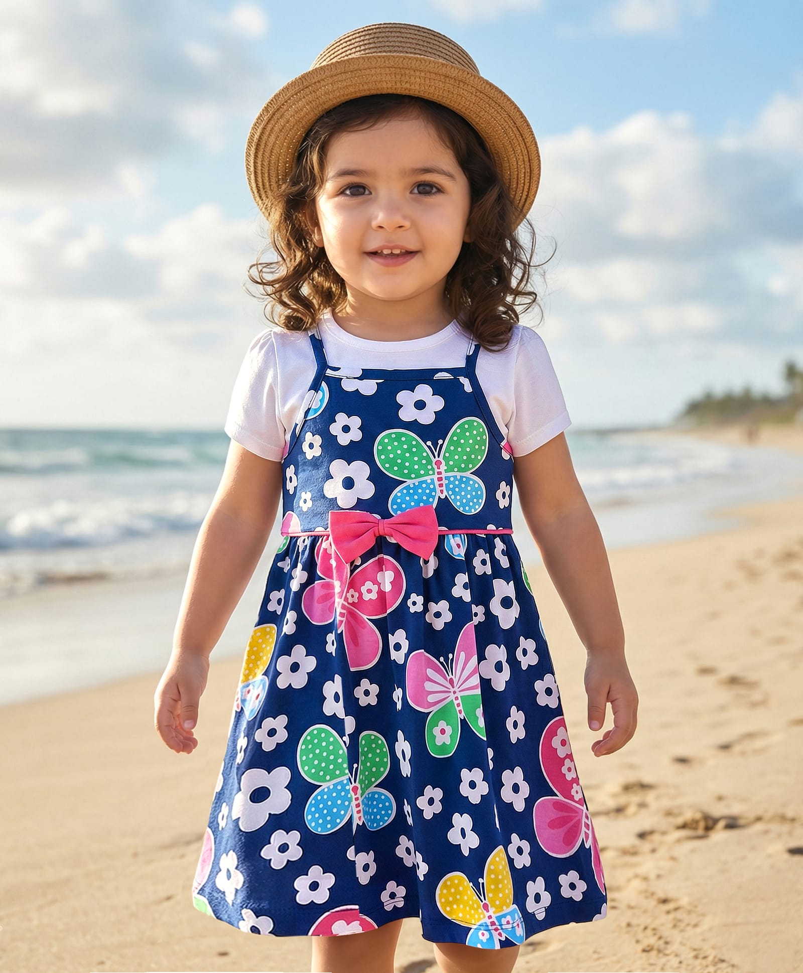 Babyhug Single Jersey Knit Half Sleeves Printed Frock With Inner Tee & Headband - Navy Blue-image-49