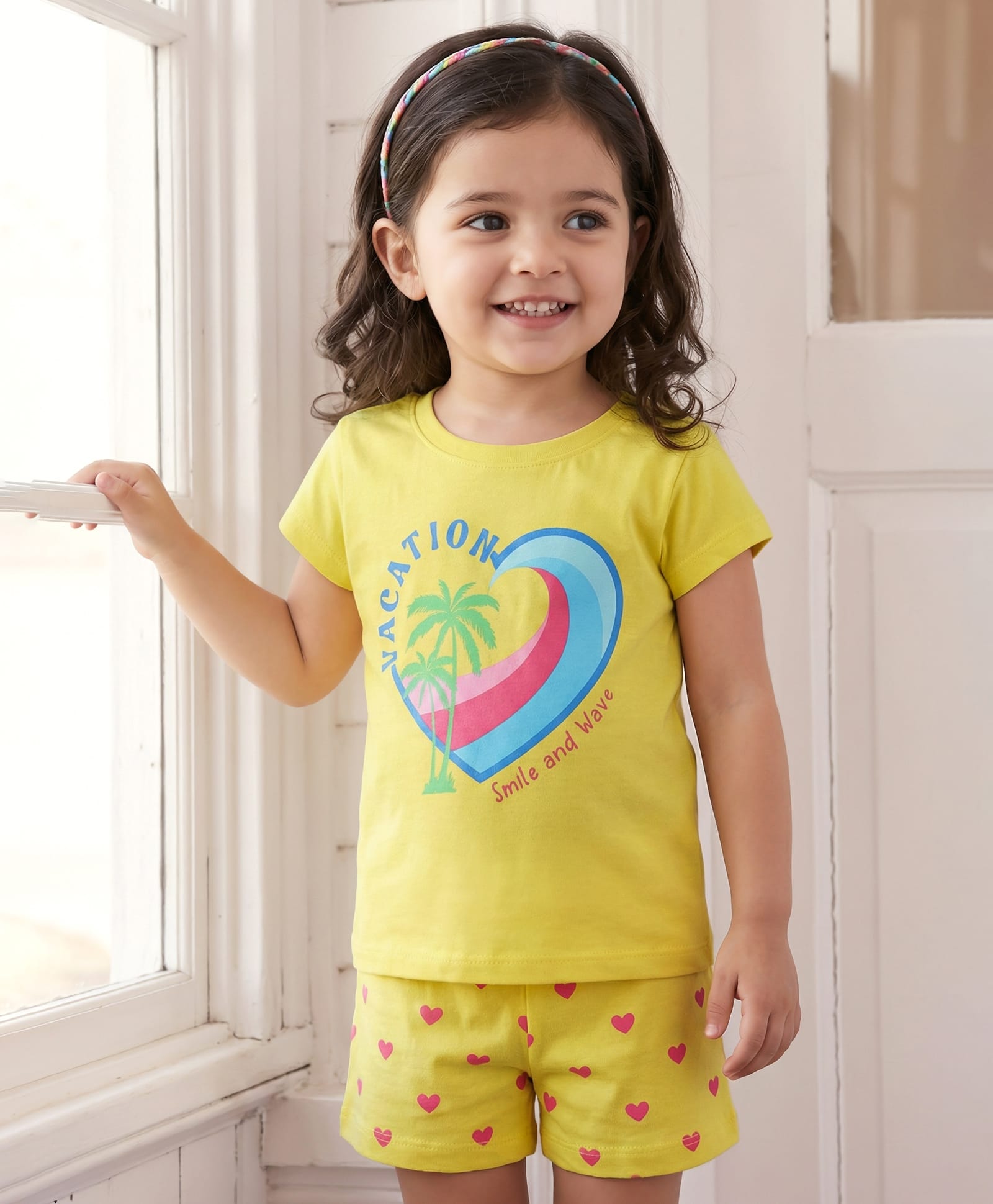 Babyhug Cotton Knit Half Sleeves Shorts Night Suit with Hearts Print - Yellow-image-43