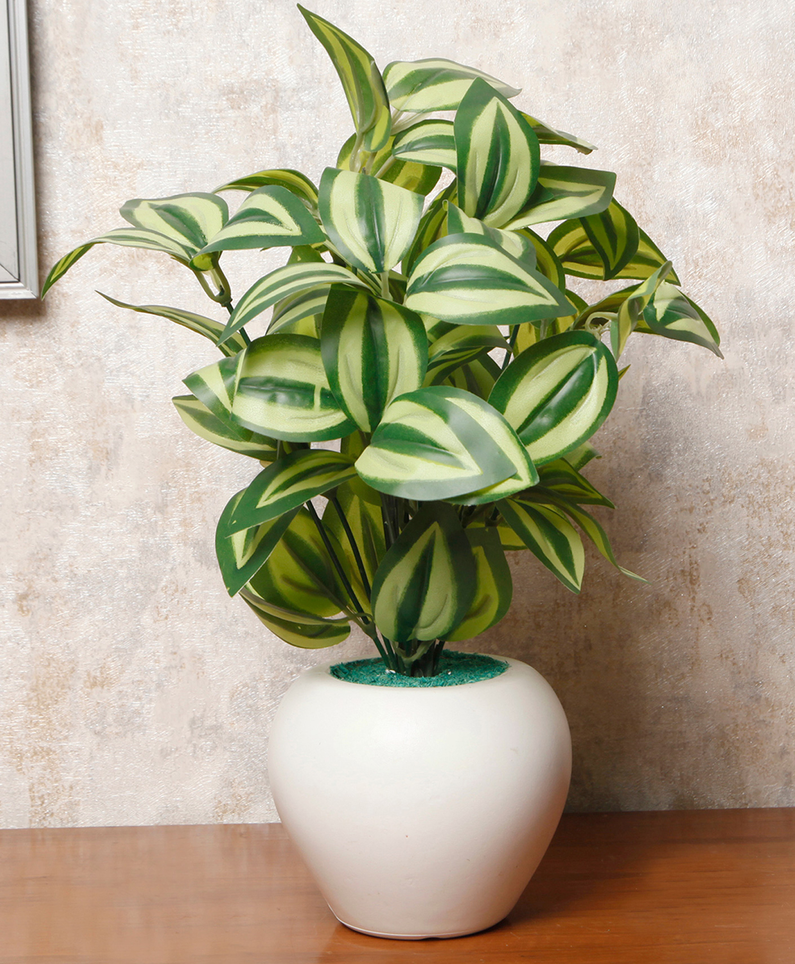 Foliyaj Artificial Watermelon Leaves Plant In 4 Inch Tall White Apple Shaped Pot-image-35