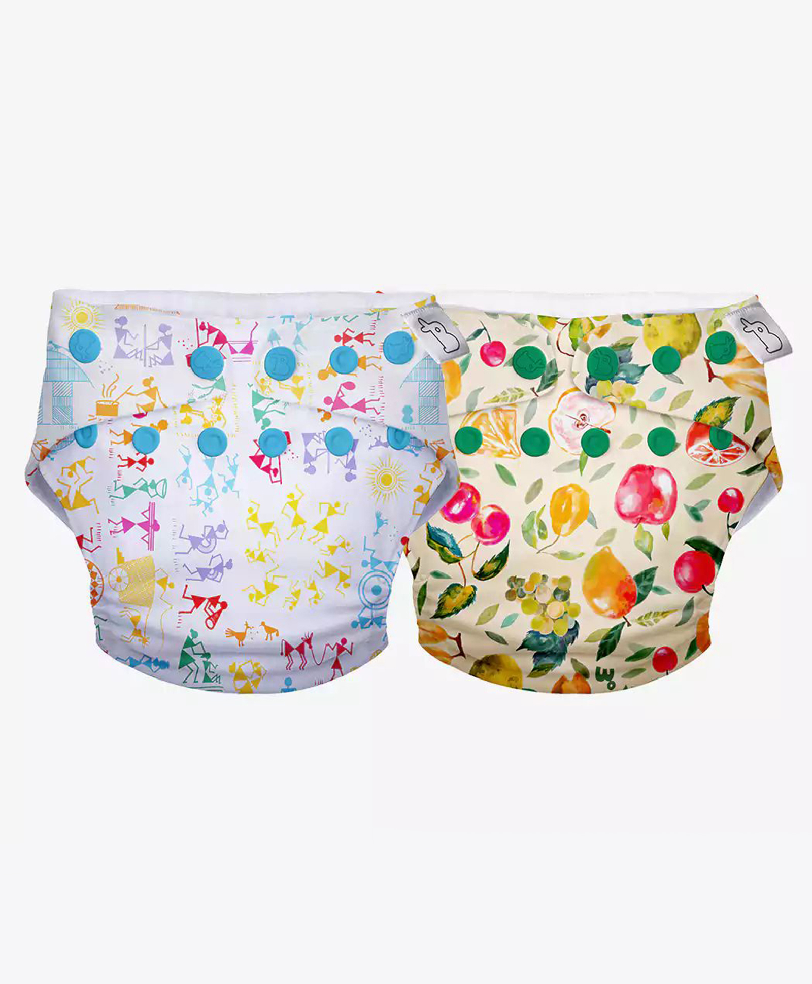 SuperBottoms Swimming Diapers for Babies & Toddlers - Washable, Reusable & Adjustable Swim Diapers | Pack of 2 | White Warli & Fruit Burst