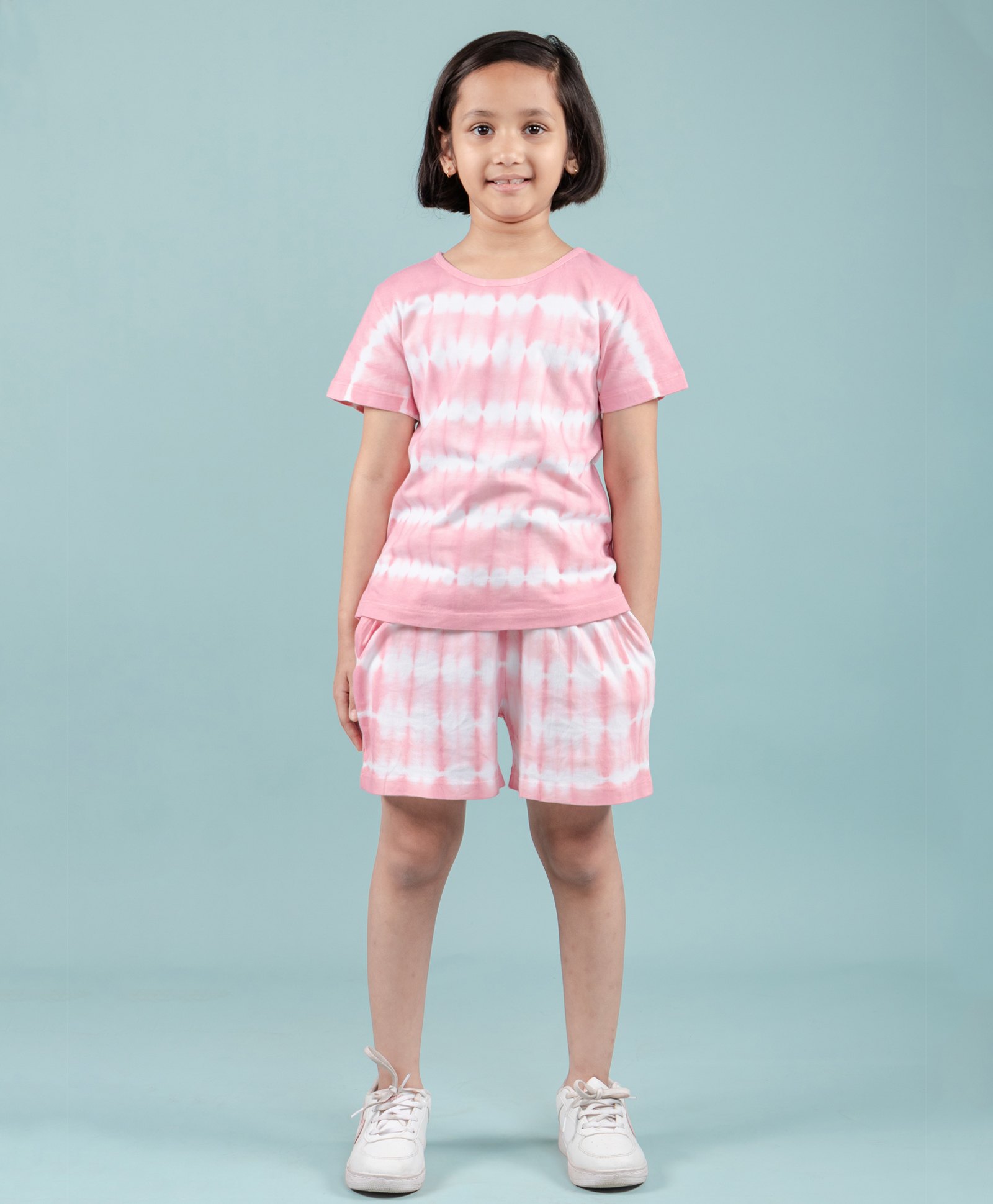tweeny mini 100% Pure Cotton Knit Half Sleeves Tie Dye Coordinating Top & Shorts Set - Pink-picture-16