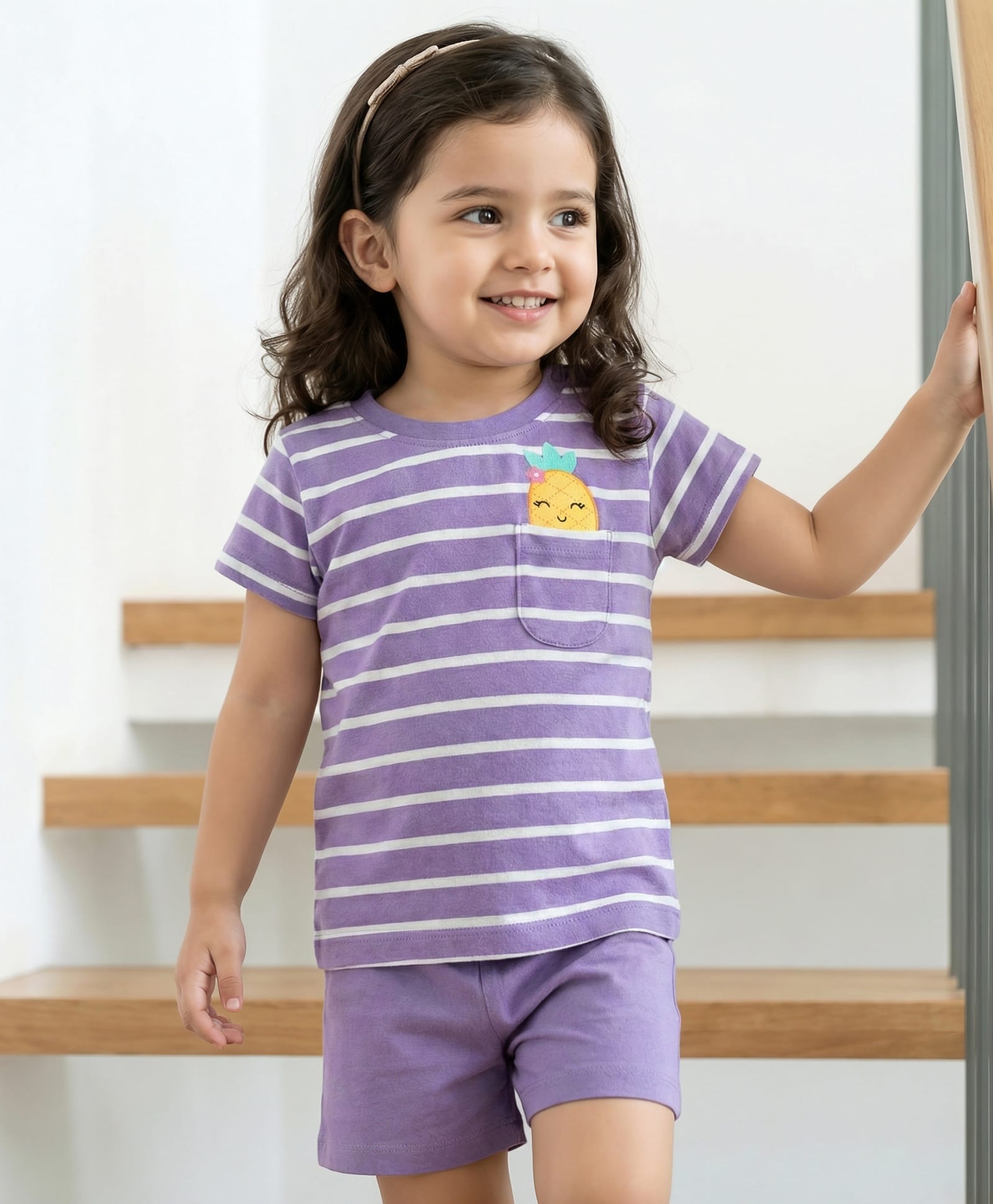Babyhug Cotton Knit Half Sleeves Shorts Night Suit With Stripes - Lavender-picture-35
