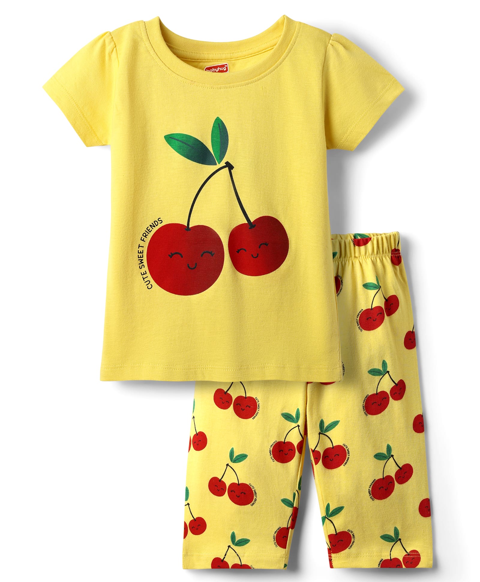 Babyhug Cotton Knit Half Sleeves Capri Night Suit with Cherry Print - Yellow