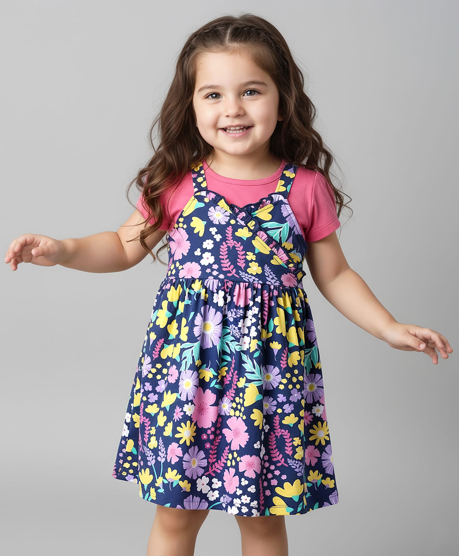 Babyhug Single Jersey Knit Half Sleeves Frock & Inner Tee with Floral Print - Pink & Navy Blue-image-33