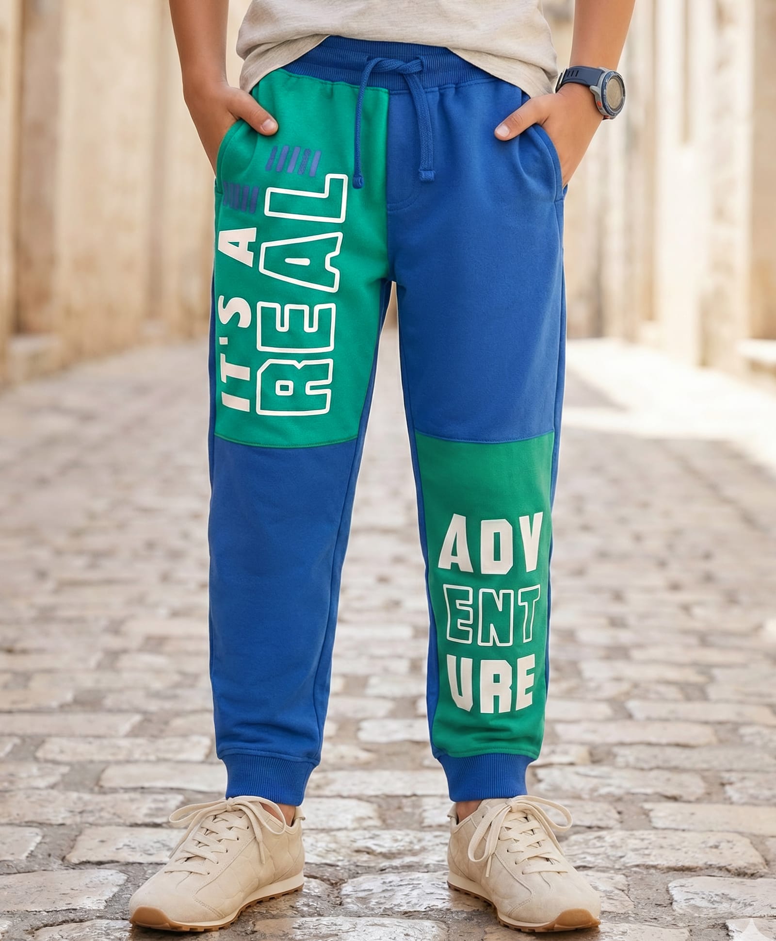 Pine Kids Cotton Knit Full Length Colourblock Lounge Pants - Emerald Green & Blue-image-45