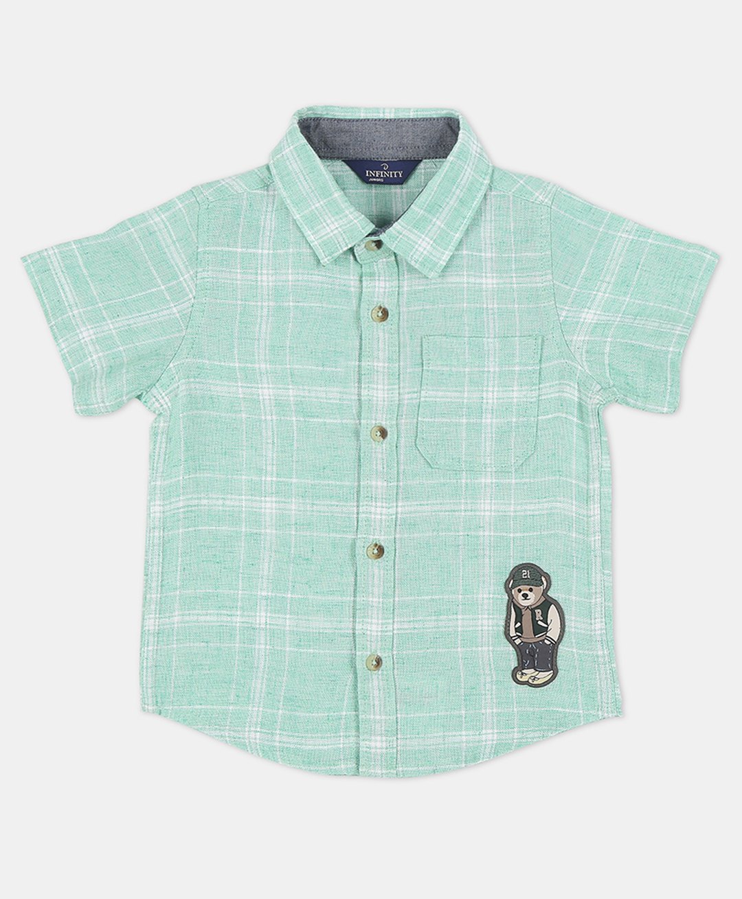INFINITY Linen Cotton Half Sleeves Checked Patch Embroidered Shirt - Green-image-35