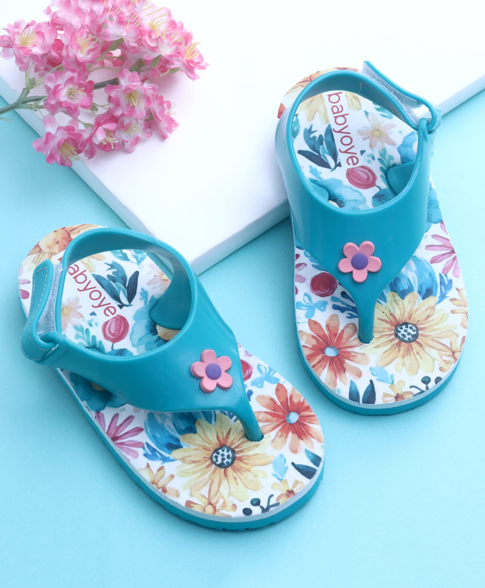 Babyoye Flip Flops With Velcro Closure Floral Print - Blue-image-33