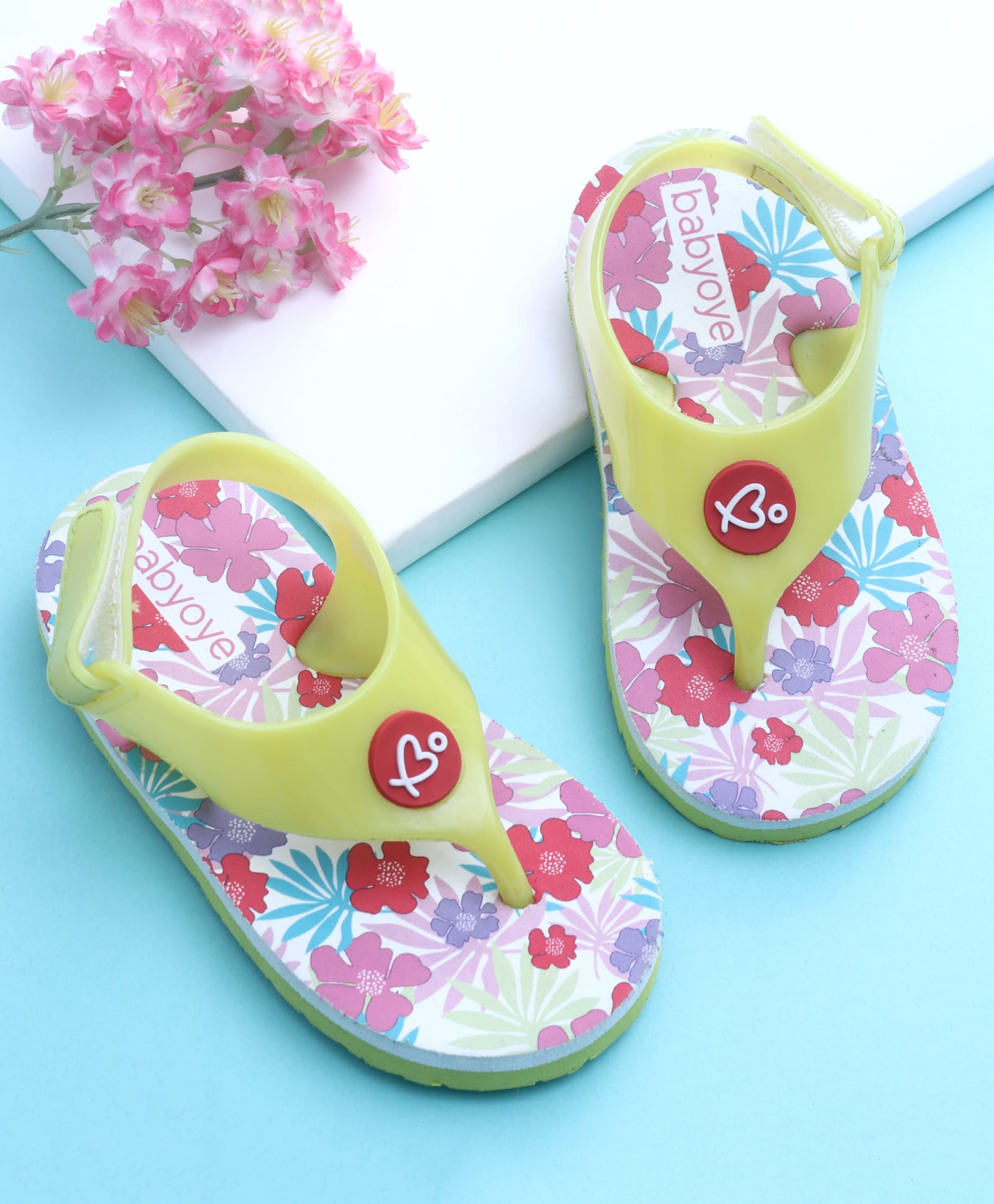 Babyoye Flip Flops With Velcro Closure Floral Print - Yellow-image-34
