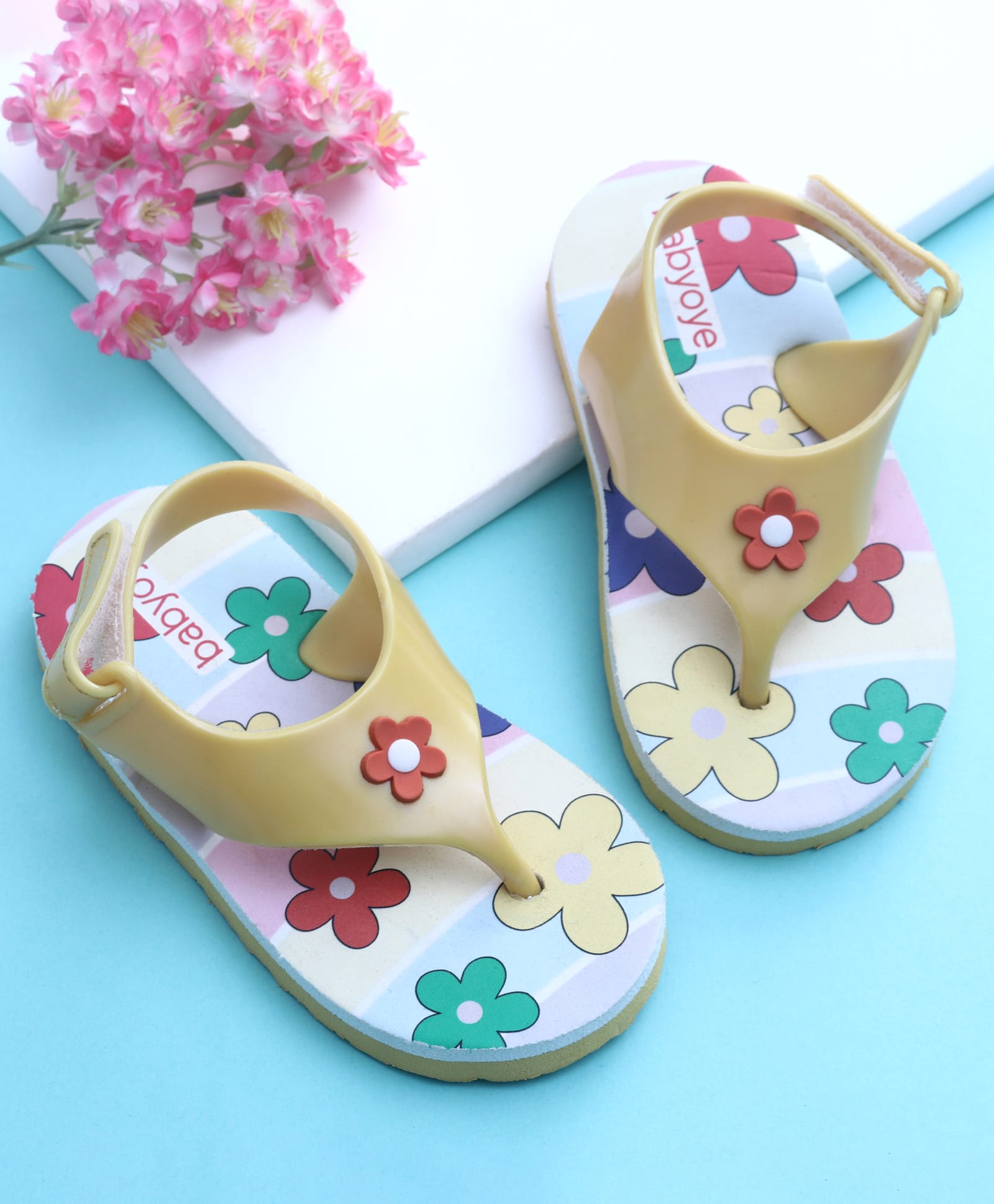 Babyoye Velcro Closure Flip Flops With Floral Print & Applique - Yellow-image-48