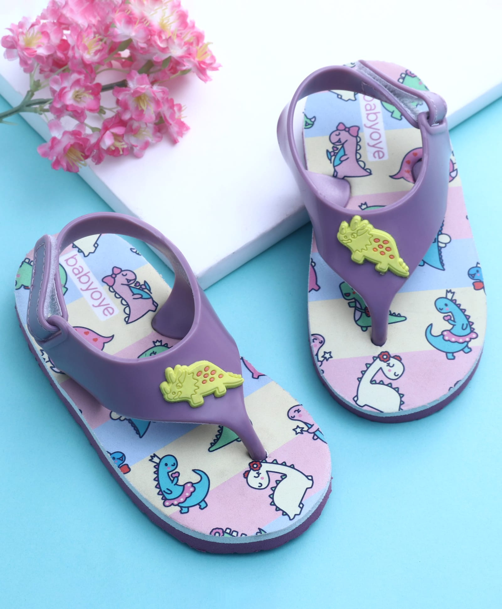 Babyoye Velcro Closure Flip Flops With Dino Print & Applique -Lavender-picture-24