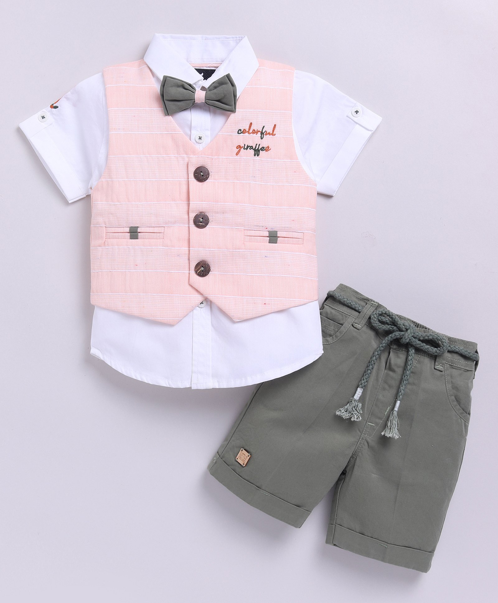LITTLE COLLARS Cotton Half Sleeves Striped 3 Piece Party Suit Set With Bow - Peach-picture-23