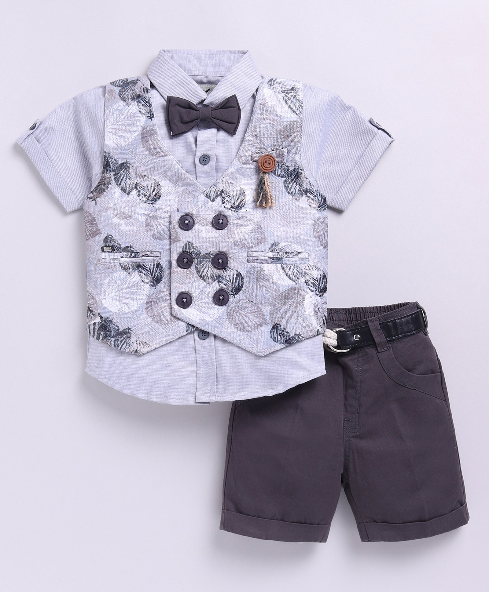 LITTLE COLLARS Cotton Blend Half Sleeves Solid Shirt & Shorts With Leaves Printed Waistcoat & Bow Set - Grey-picture-21