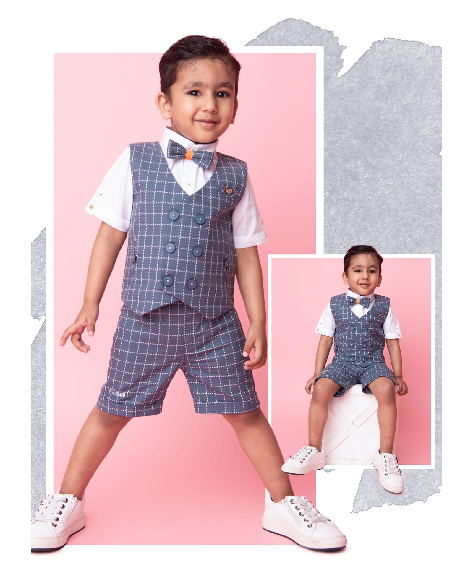 LITTLE COLLARS Cotton Blend Half Sleeves Solid Shirt & Checked Shorts With Waistcoat & Bow Set - Blue-picture-8