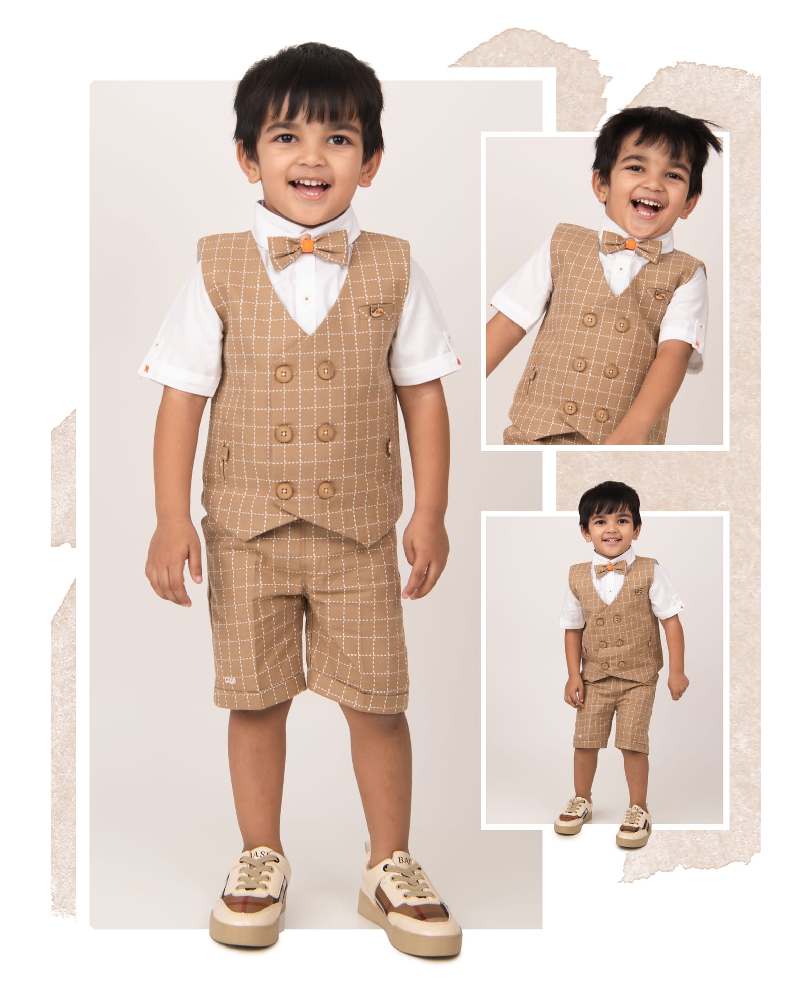 LITTLE COLLARS Cotton Blend Half Sleeves Solid Shirt & Checked Shorts With Waistcoat & Bow Set - Khaki-image-27