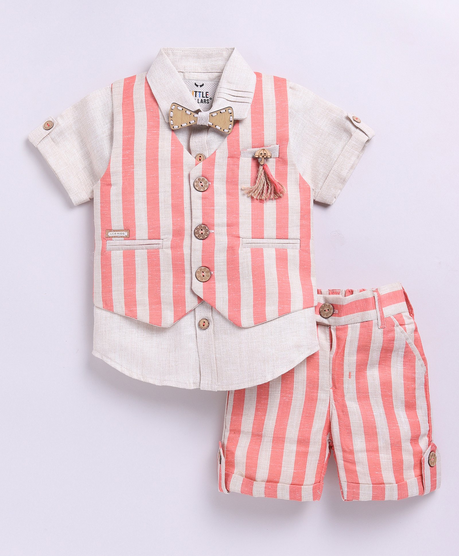 LITTLE COLLARS Cotton Blend Half Sleeves Solid Shirt & Striped Shorts With Waistcoat & Bow Set - Tomato-picture-20