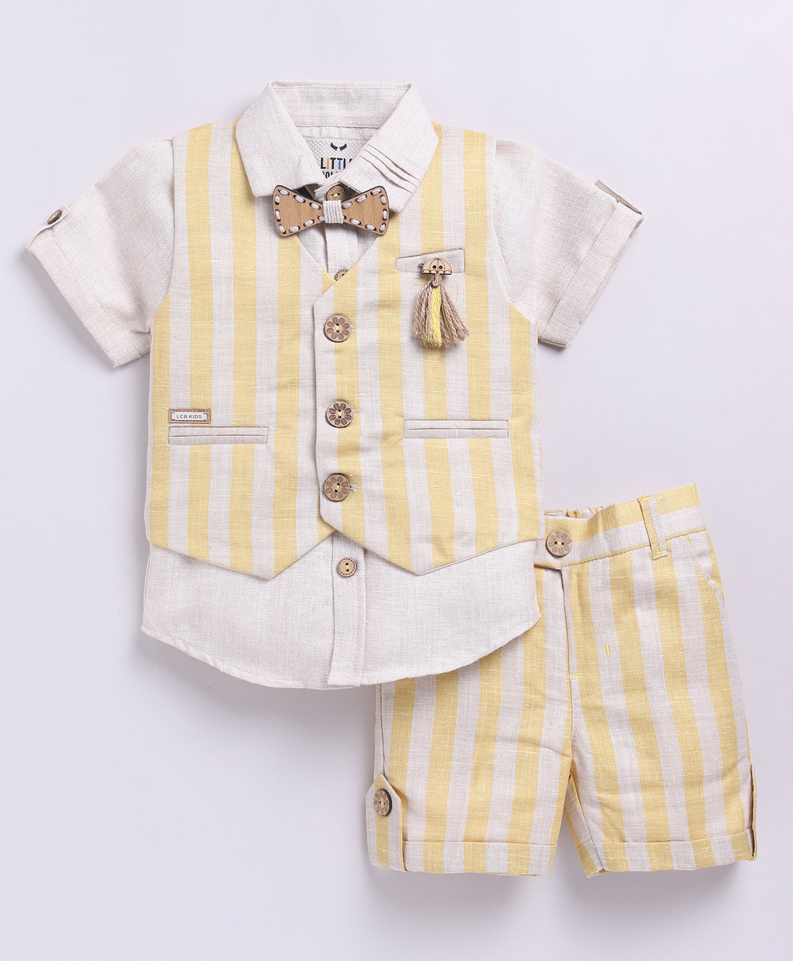 LITTLE COLLARS Cotton Blend Half Sleeves Solid Shirt & Striped Shorts With Waistcoat & Bow Set - Yellow-picture-24