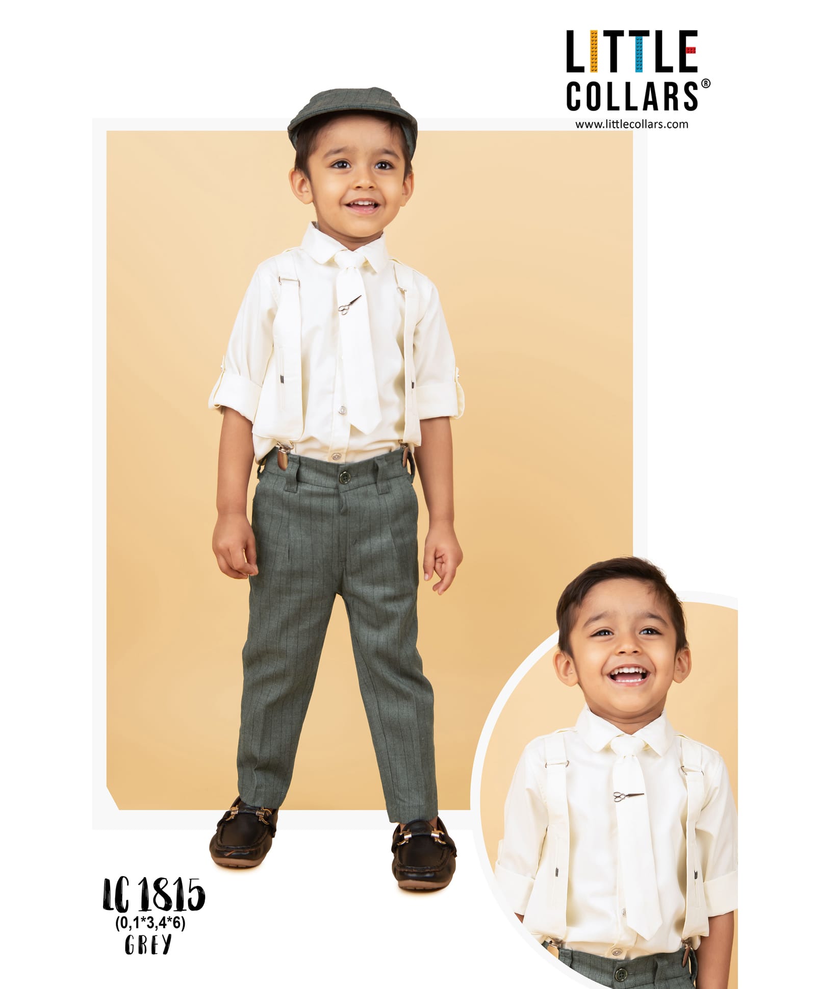 LITTLE COLLARS Blended Full Sleeves Solid Shirt With Attached Suspender Pant Cap & Tie Set - Grey-picture-19