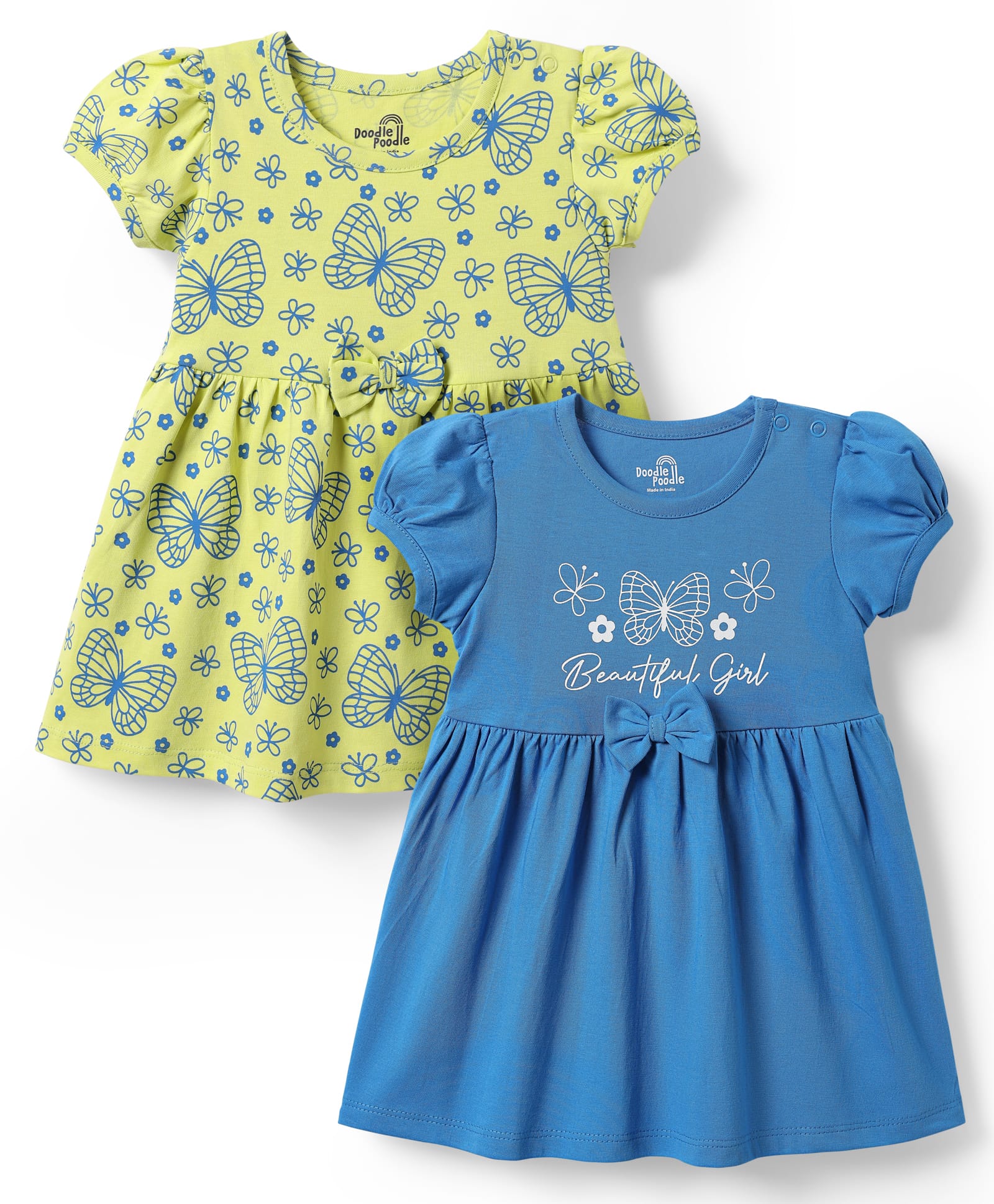 Doodle Poodle Cotton Knit Half Sleeves Frocks with Butterfly Print Pack OF 2 - Blue & Limegreen-picture-19