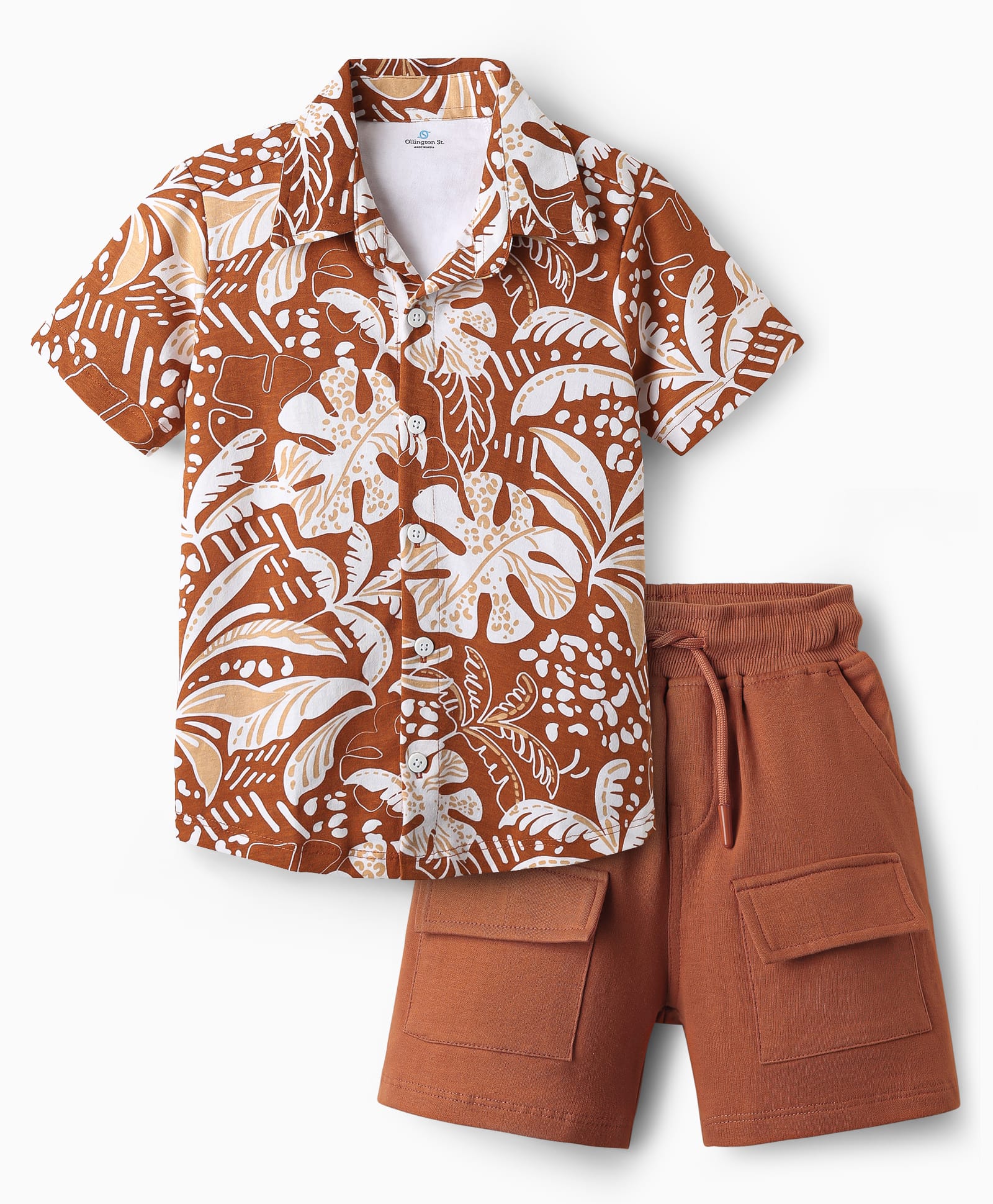 OLLINGTON ST. Cotton Half Sleeves Printed Shirt & Knit Shorts with Tropical Print - Brown-image-15