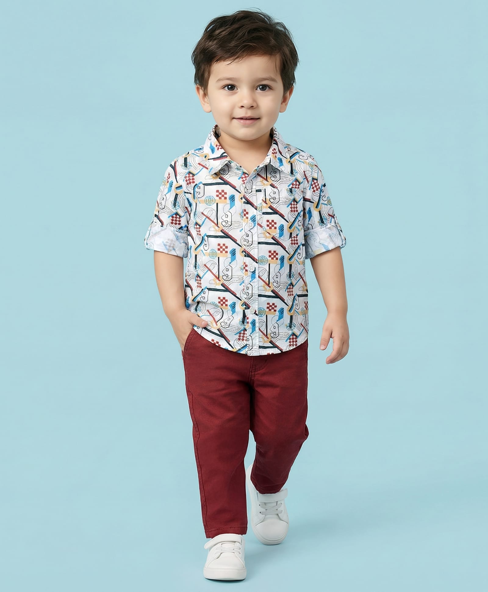 Babyhug Cotton Woven Full Sleeves Printed Shirt & Trouser Set - White & Red-image-44