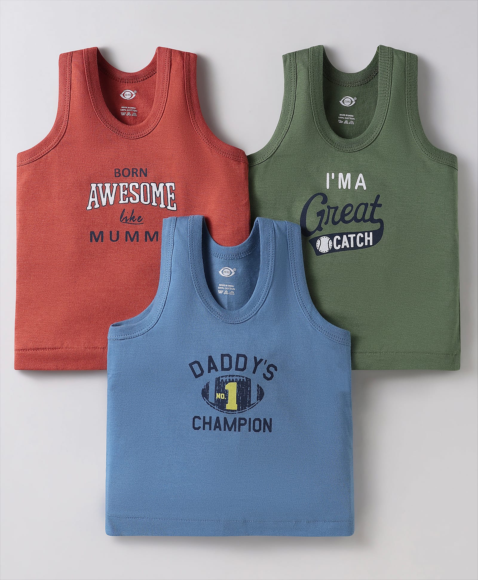 Zero Sinker Knit Sleeveless Set of Vests with Typography Print Pack of 3 - Red Blue & Green-image-40