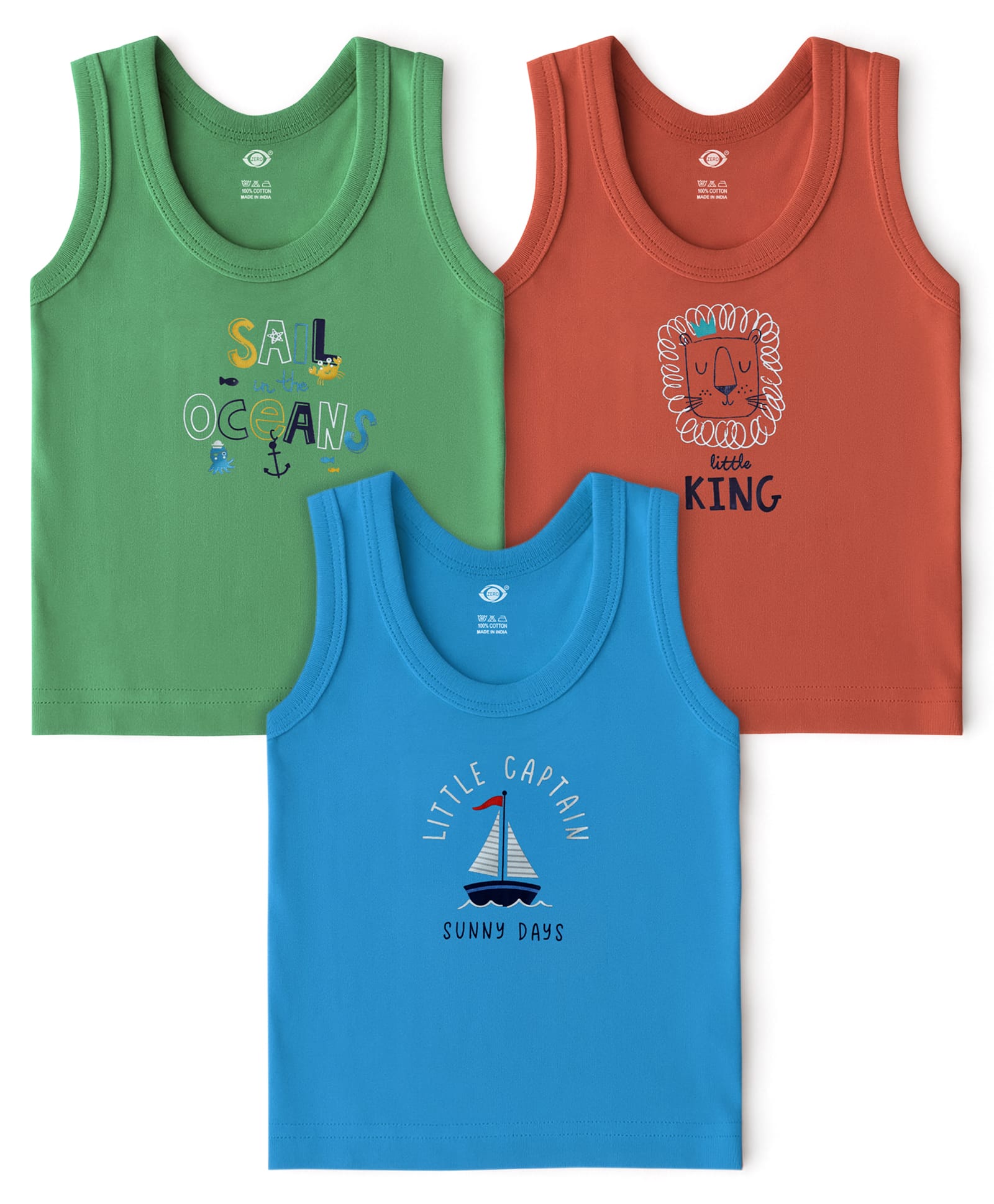 Zero Sinker Knit Sleeveless Vests With Nautical Print Pack Of 3 - Green Brown & Blue-picture-12