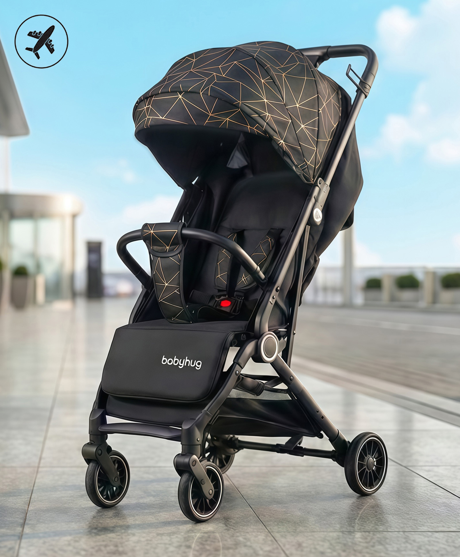 Babyhug Portable Baby Stroller with One-hand Compact Fold - Black| Pram for Newborn| Concealed Linked Brake| Swivel Wheels| 5 point Safety Harness| Storage Basket|-picture-17