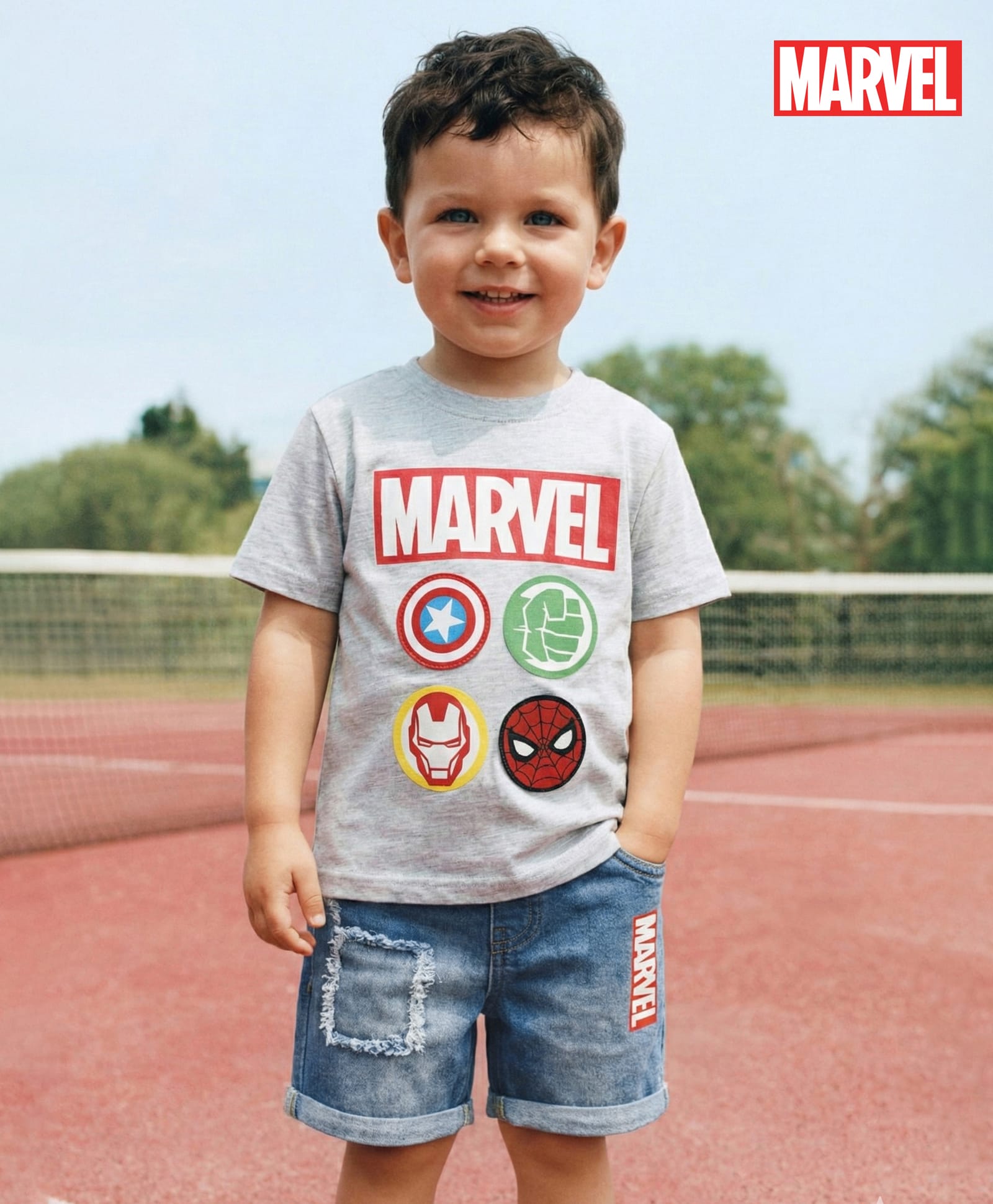 Babyhug Marvel Single Jersey Knit Half Sleeves T-Shirt & Shorts Set With Avengers Graphics - Grey & Blue-picture-17