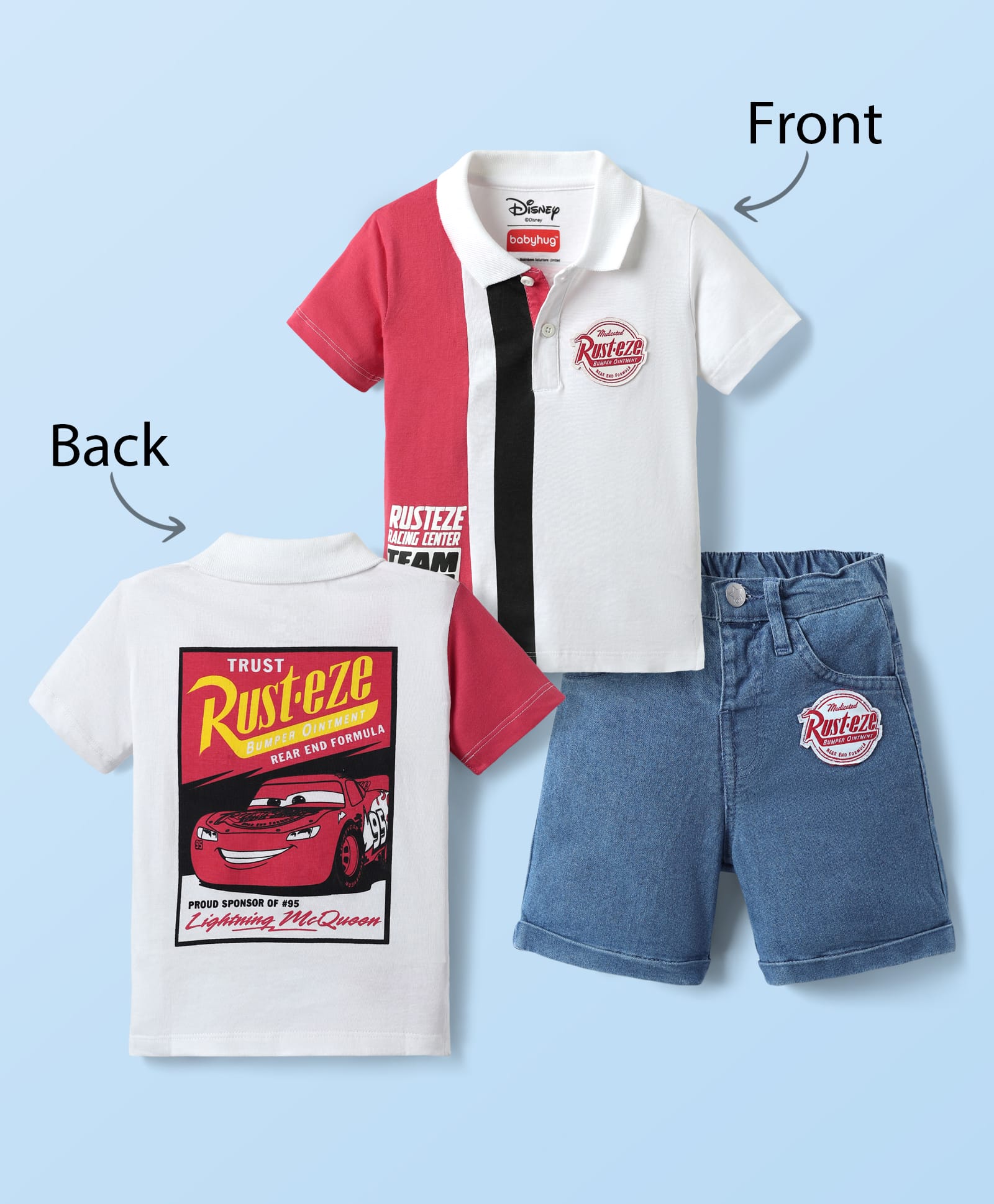 Babyhug Disney Single Jersey Knit Half Sleeve Polo T-Shirt and Shorts with Front & Back Cars Graphics - White Red & Blue-image-41