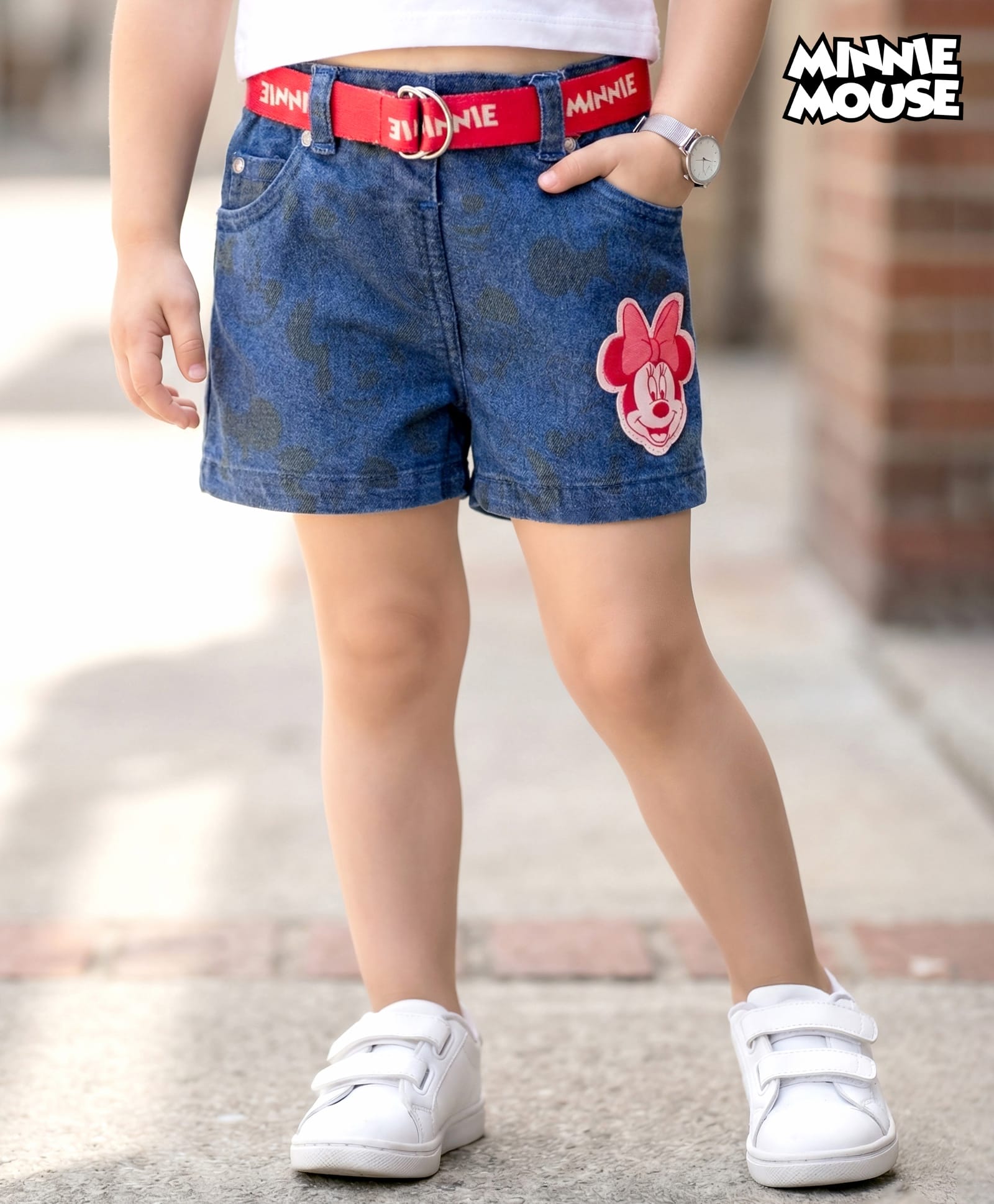 Babyhug Disney Cotton Denim Mid Thigh Length Shorts & Belt with Minnie Mouse Print - Navy Blue-picture-22