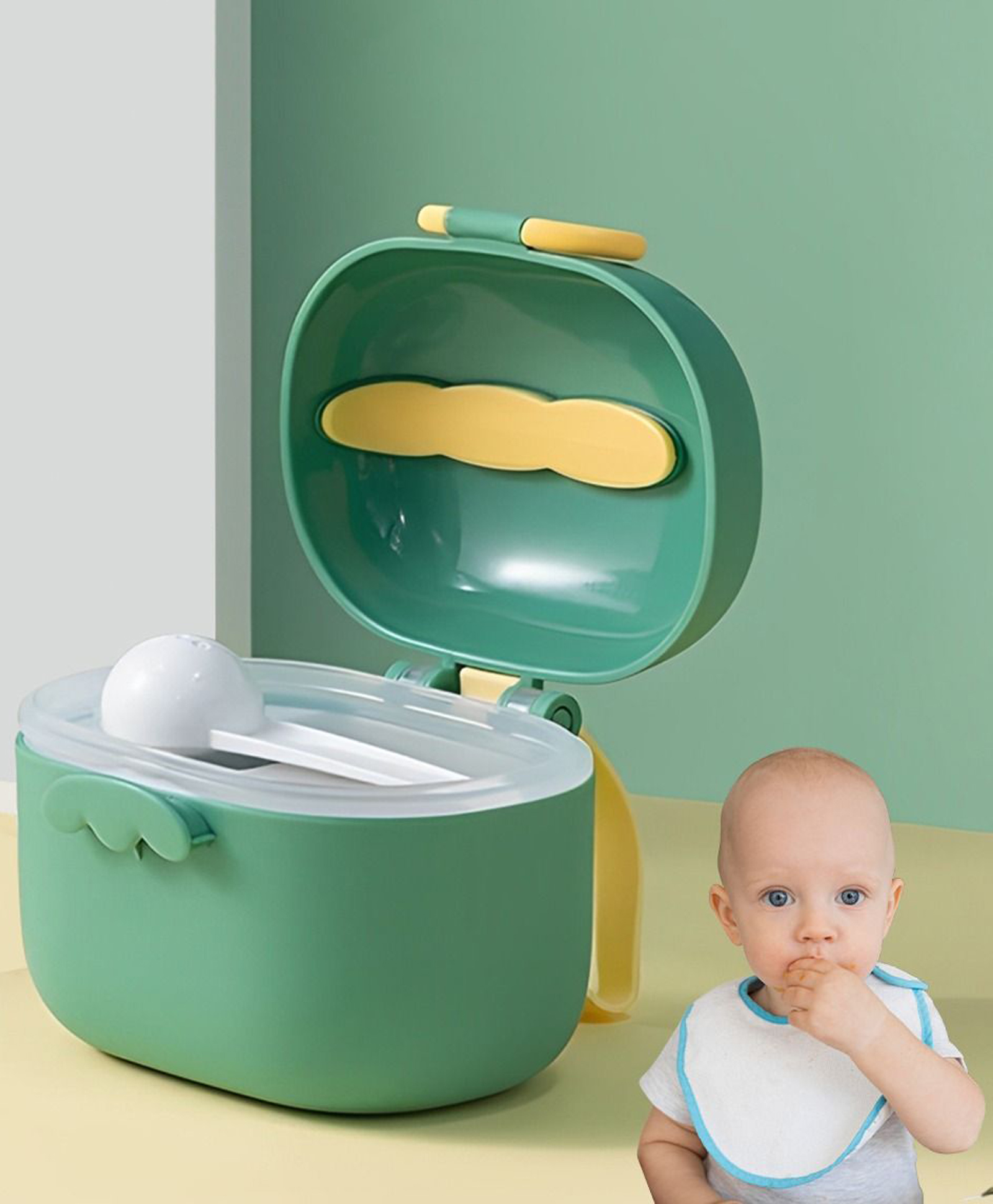TONY STARK 400 ml Portable Milk Powder Container, Baby Food Container for Travelling, First Feed Baby Storage Box with Built-In Scoop Holder (Green Bunny Beige)-picture-16