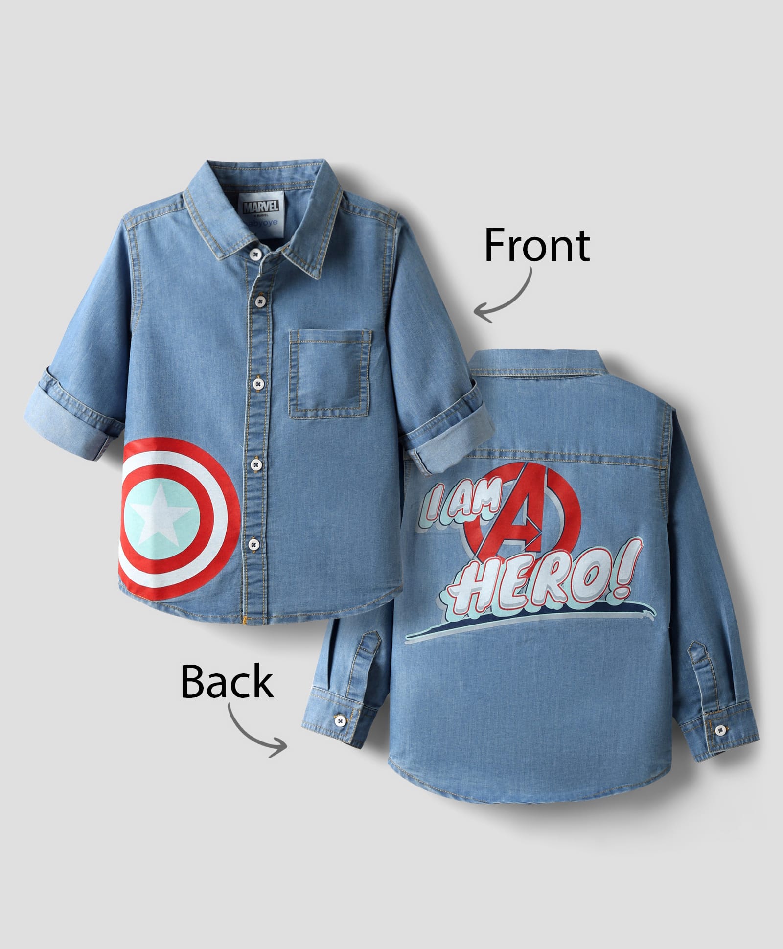 Babyoye Marvel Cotton Denim Full Sleeves Shirt with Front & Back Avengers Graphics - Blue-image-22
