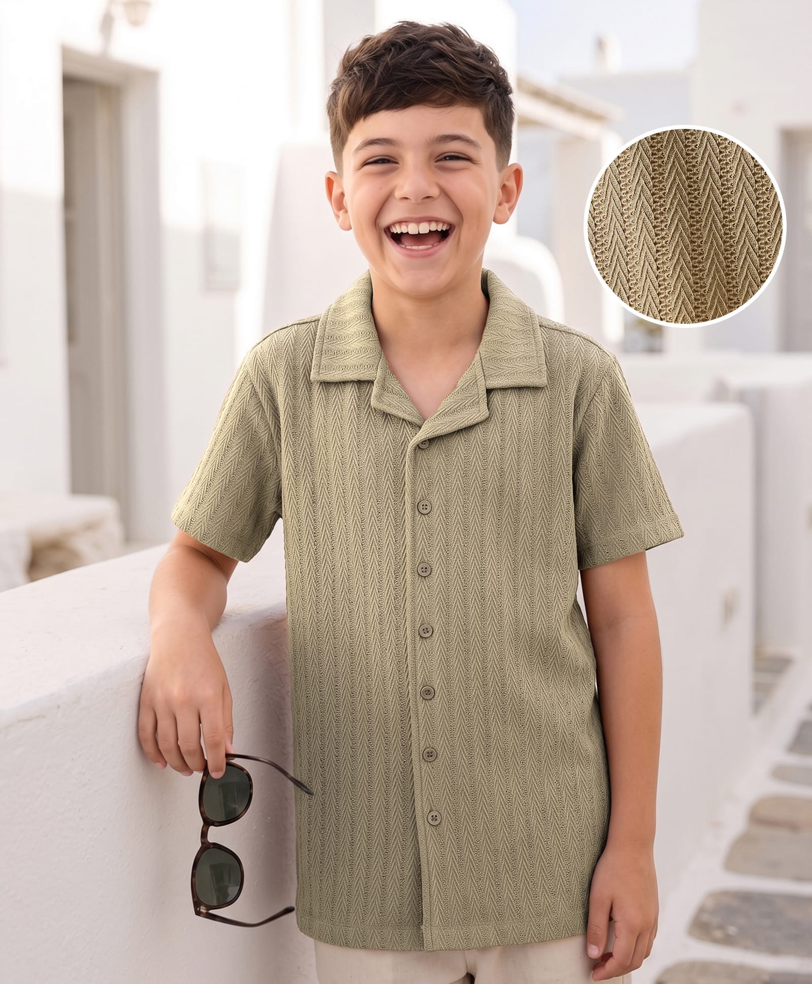 Kookie Kids Knit Half Sleeves Solid Resort Collar Shirt - Beige-image-31