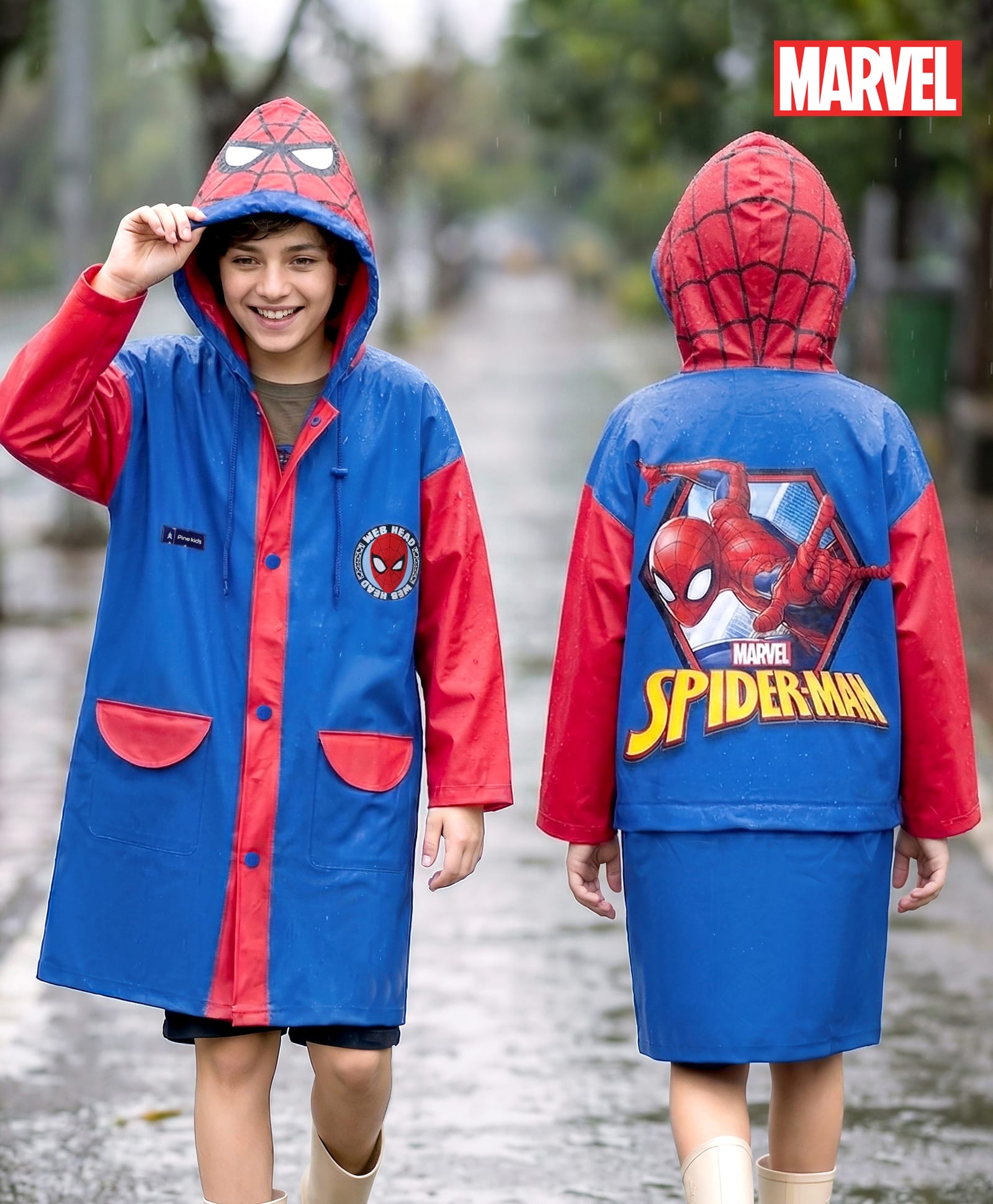Pine Kids Marvel Full Sleeves Hooded Spider-Man Raincoat - Blue & Red-image-38