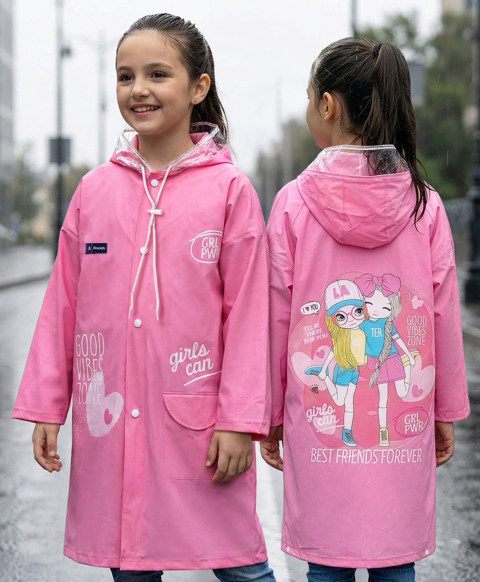 Pine Kids Full Sleeves Hooded Raincoat - Dark Pink-image-46