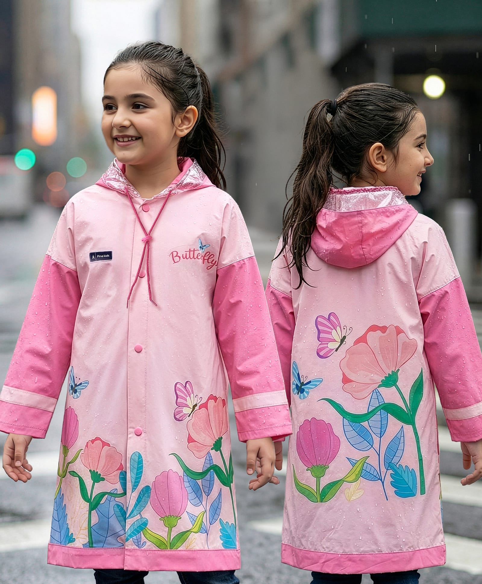 Pine Kids Full Sleeves Hooded Butterfly Raincoat - Light Pink-image-28