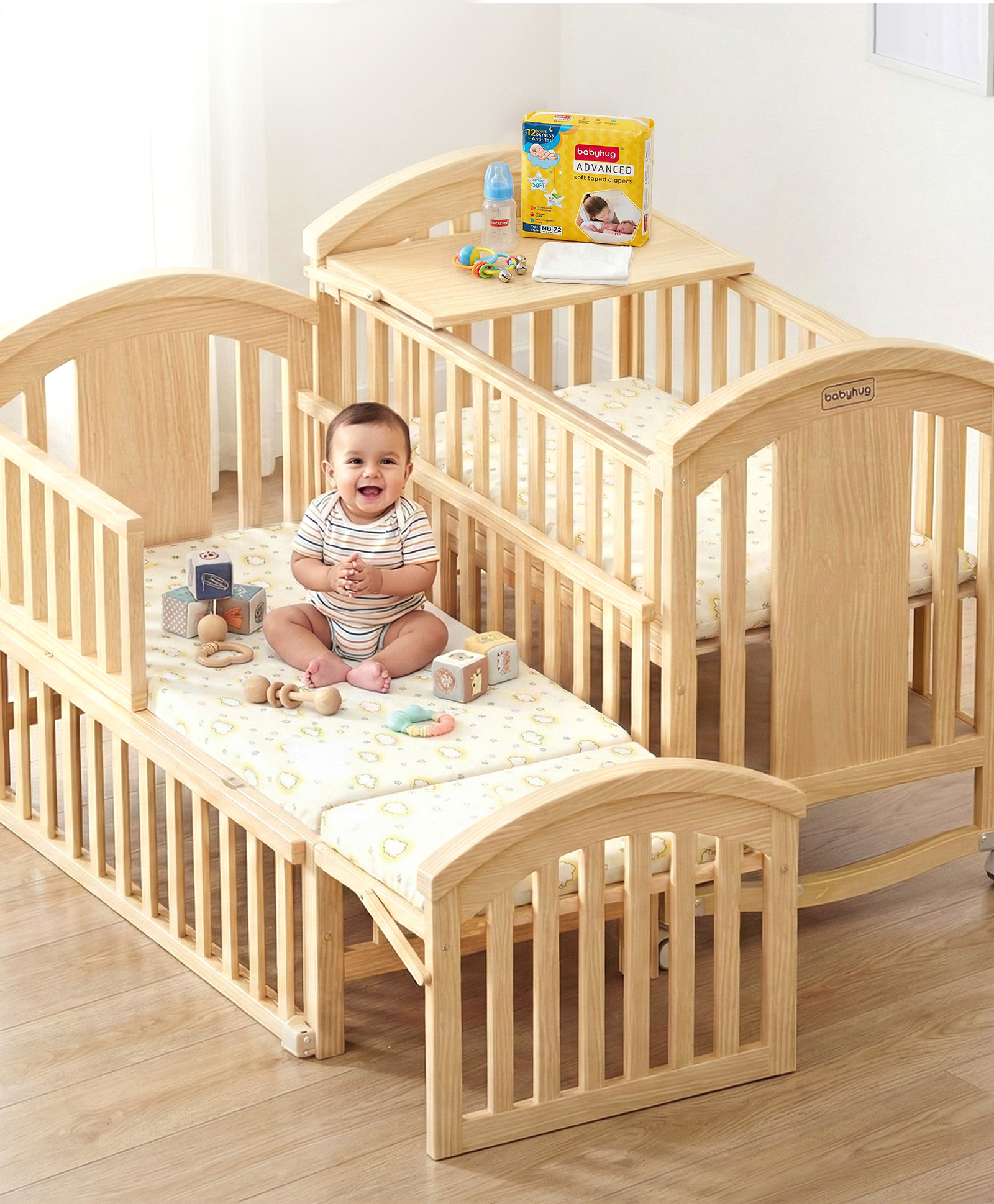 Babyhug 15 in 1 Baby Cot with Rocking Function & Parent Bed Attachment - Beige