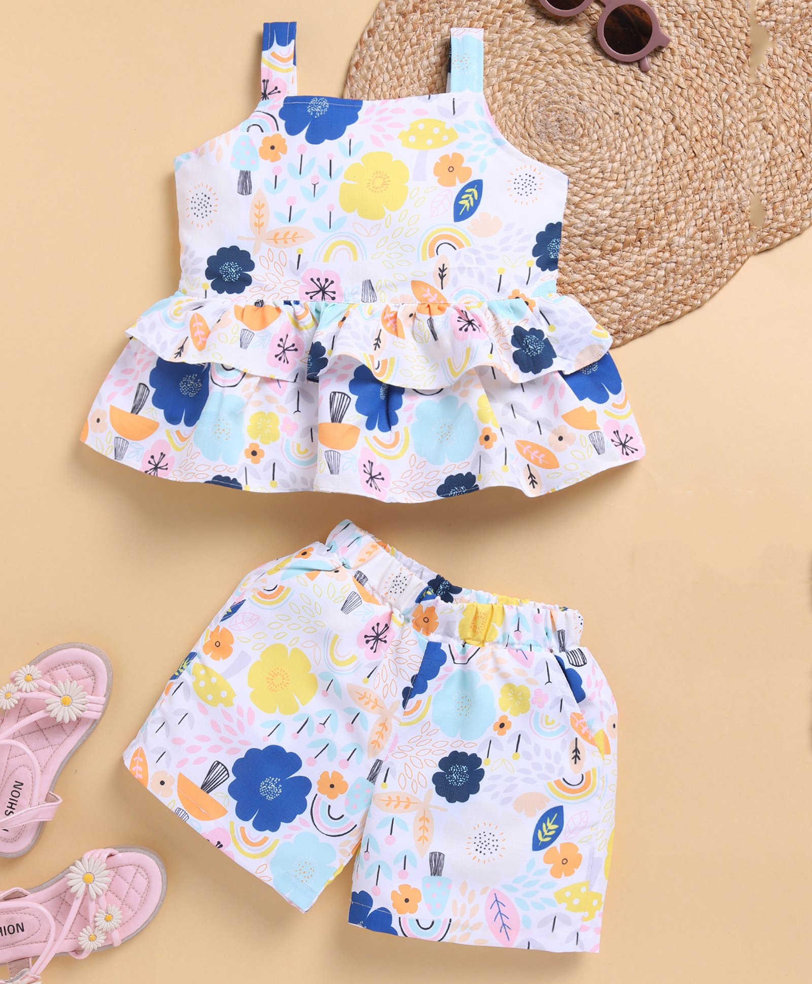 TOONYPORT Cotton Sleeveless Floral Printed Coordinating Top & Shorts Set - Multi Colour-image-10