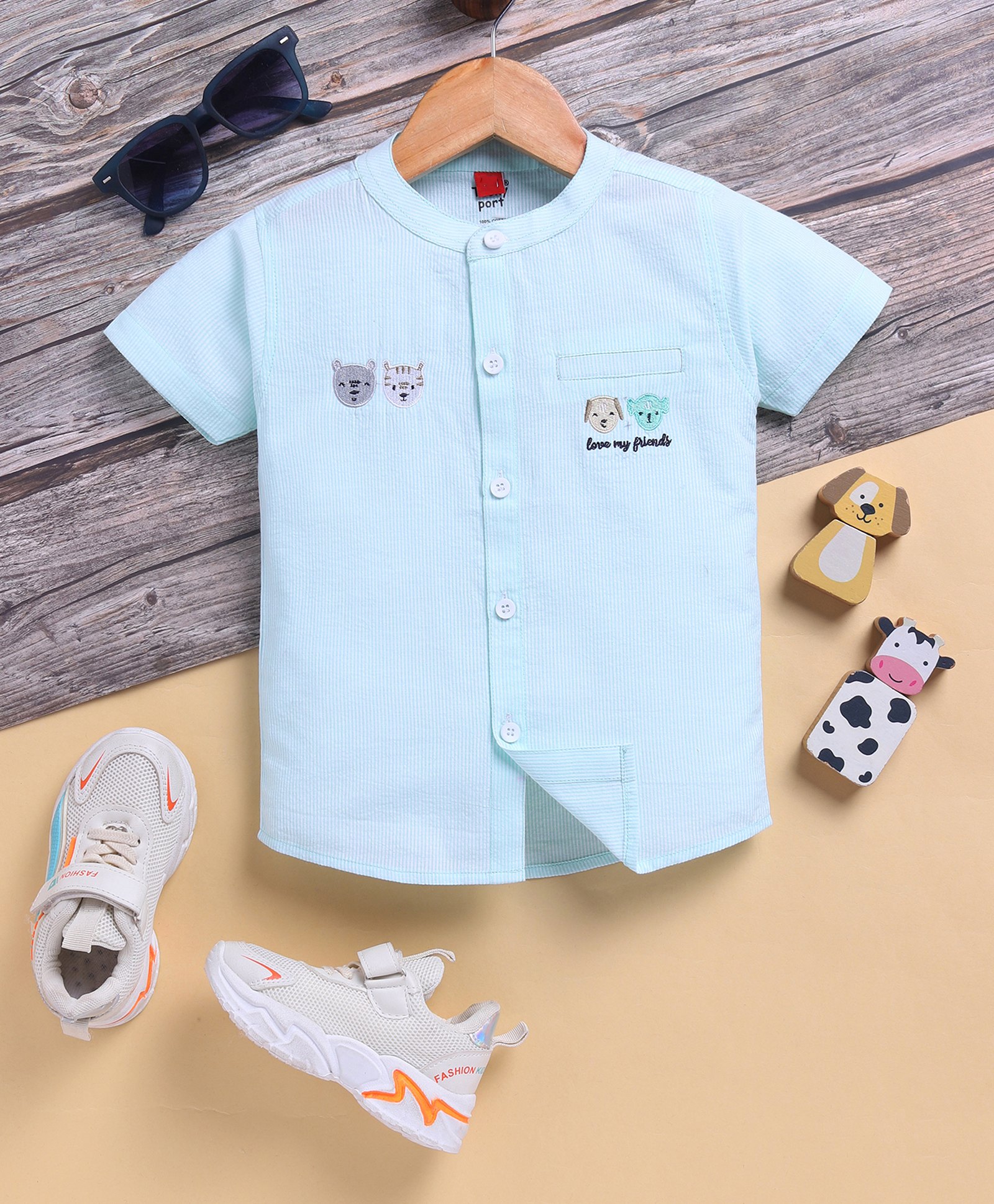 TOONYPORT Cotton Half Sleeves Striped & Baby Animals Embroidered Shirt - Green-image-20