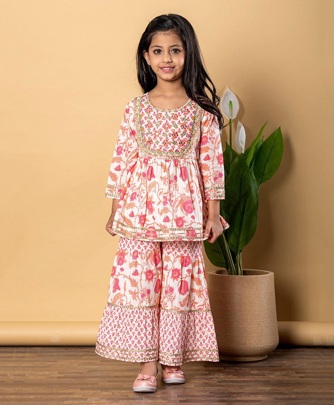 READIPRINT Cotton Three Fourth Sleeves Floral Embroidered & Gota Lace Embellished Frock Style Coordinating Kurta & Sharara Set - Pink-picture-6