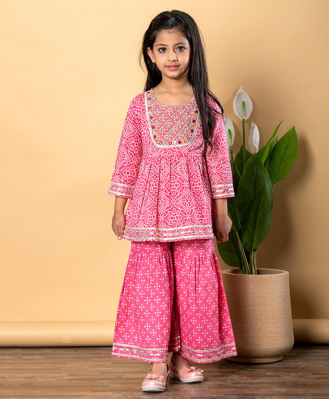 READIPRINT Cotton Three Fourth Sleeves Floral Embroidered & Gota Lace Embellished Frock Style Coordinating Kurta & Sharara Set - Pink-picture-14