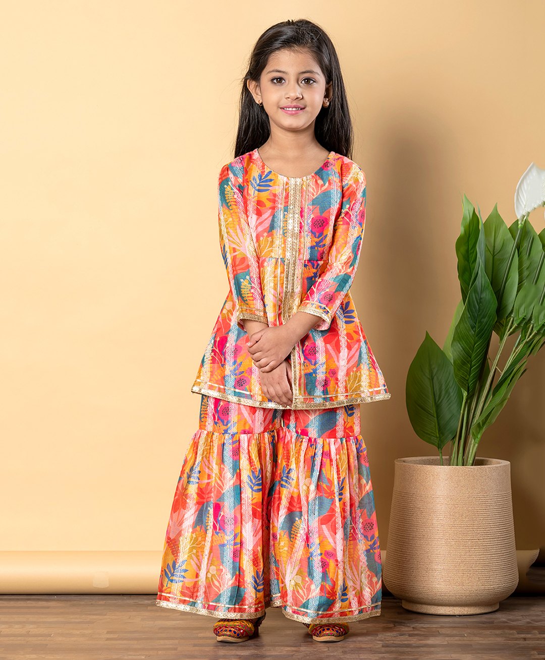 READIPRINT Chanderi Silk Three Fourth Sleeves Leaves Printed Lace Embellished Kurta With Sharara - Orange-picture-19
