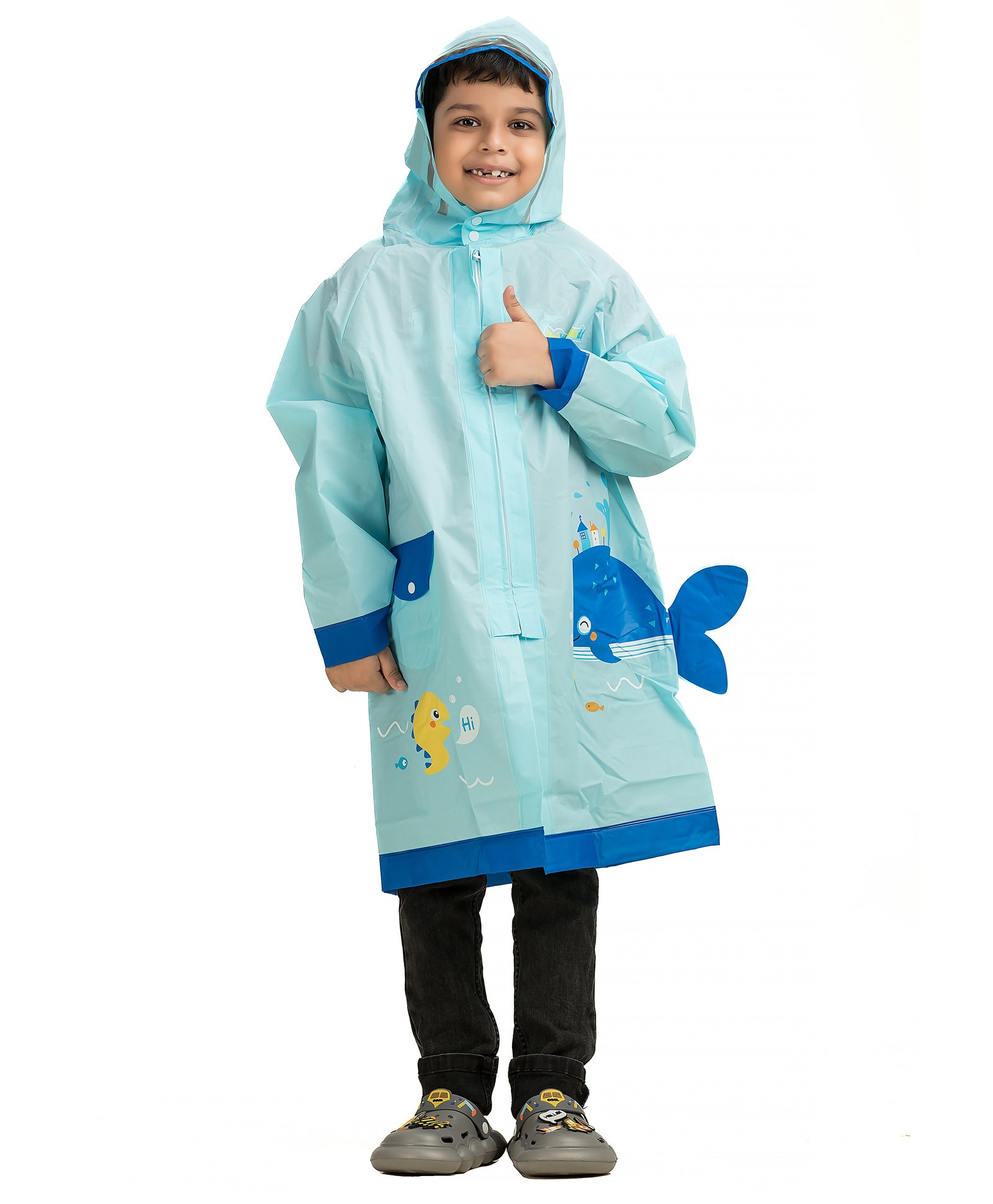 Yellow Bee Sea Life Printed Hooded Raincoat - Blue