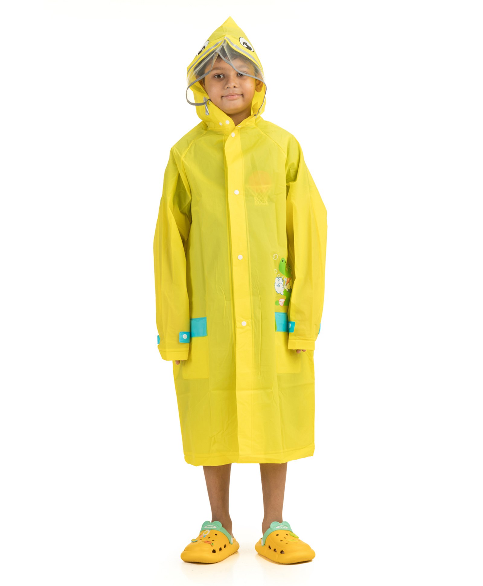 Yellow Bee Full Sleeves Crocodile Printed Hooded Raincoat - Yellow
