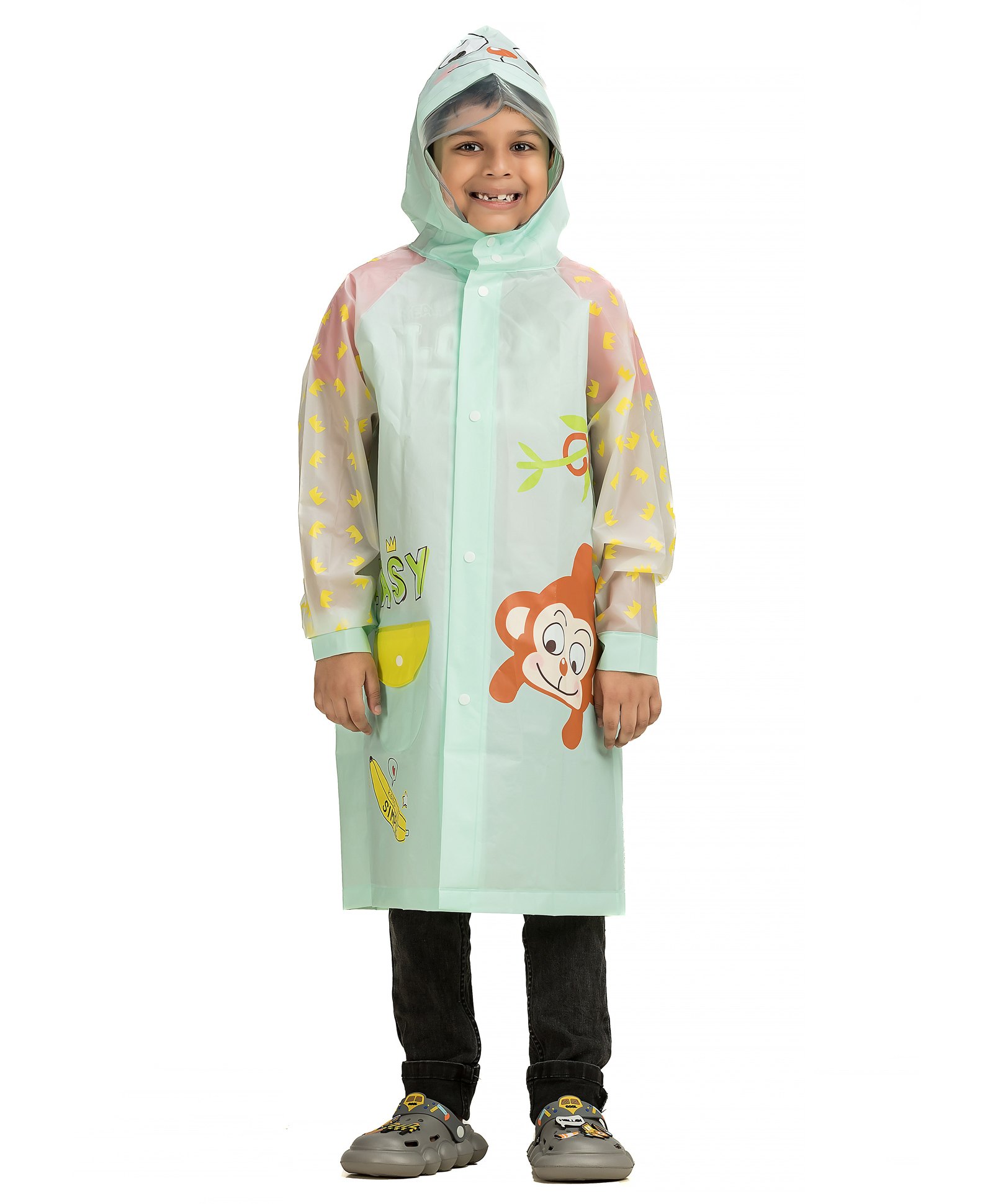 Yellow Bee Monkey & Banana Designed Raincoat With Attached School Bag Space - Aqua Blue