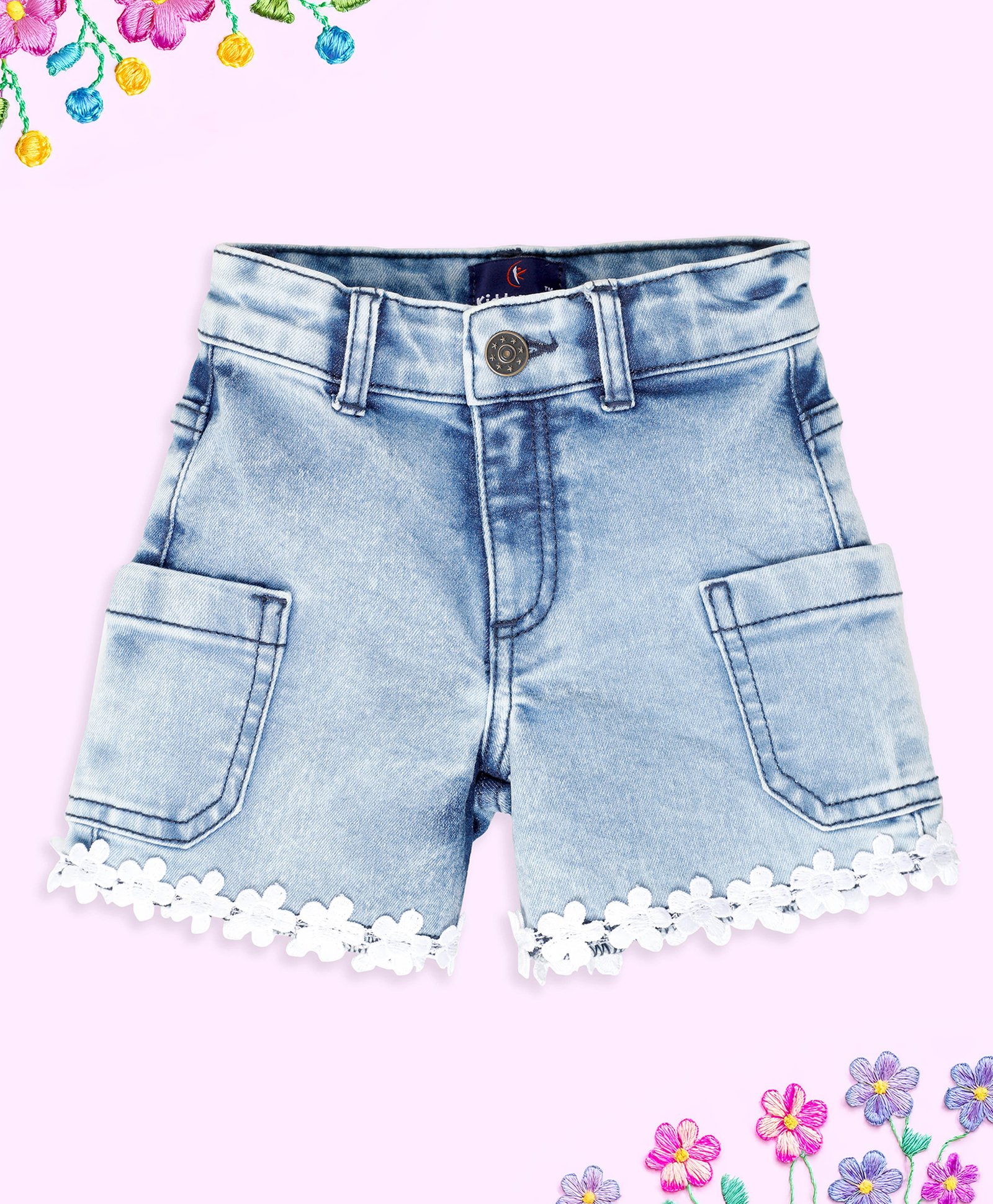 Kiddopanti Denim Floral Lace Detailed Shorts - Light Blue-picture-20